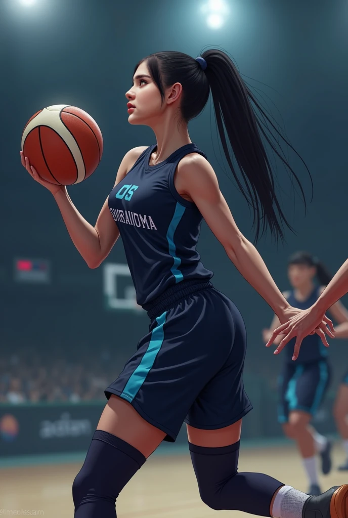 basketball、gym、Uniform number AN、The uniform is stylish black.、A lively  girl、Short Hair、Sweat、energy、cool、Real、4Ｋ、Dashing、Back view shooting scene