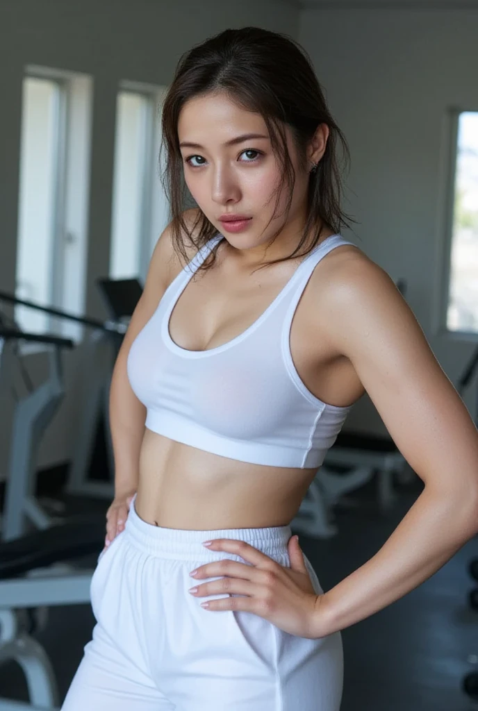 ((tmasterpiece, best qualtiy)),A highly detailed,8K,realistic focus,Complicated details,a big breast chinese girl,Female volleyball player,Women's volleyball uniform,Wearing the number 9 shirt,over knee socks,Indoor arena background,Tall guy,long leges,pony tails,Cocked buttocks,smallunderboob,little breast,tit,pubes,Thick pubic hair,Open your clothes,revealing breasts,See the breasts,See the nipple,Robust body,Sexy and robust,Detailed abs,Detailed muscle lines,Detailed ,teat,dynamicposes,Greasy body,sweating body,Normal body proportions,Normal face,Normal hands,frontage,fully body photo,tall image,Look from the bottom up,look from down,