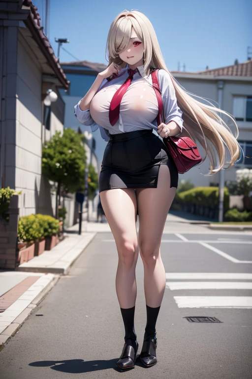 ((medium breasts)), ((erotic, sexy)), 28-year-old student in a shirt, blonde, (dressed as a , on the street), beautiful detailed eyes, light face, ((Full body photo)), (Pigtails), shapely ass, wears glasses, with white shirt, strapless,