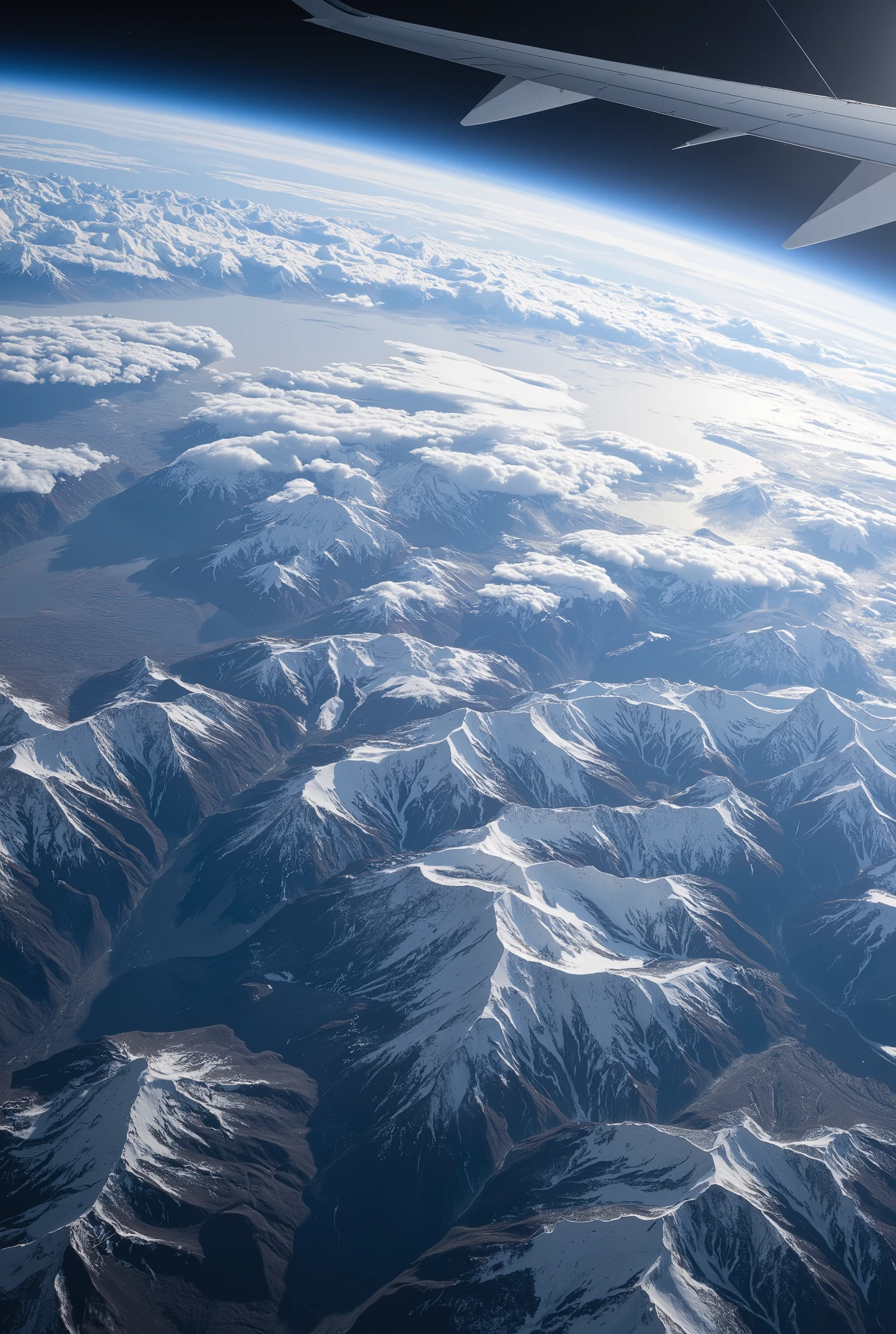 earth view from outer space, photo inspired in nasa photos taken previously, mountains can be seen, and the many layers of the earth such as the division of the atmosfere with space. Cloudy sky, snowy mountains, day time.