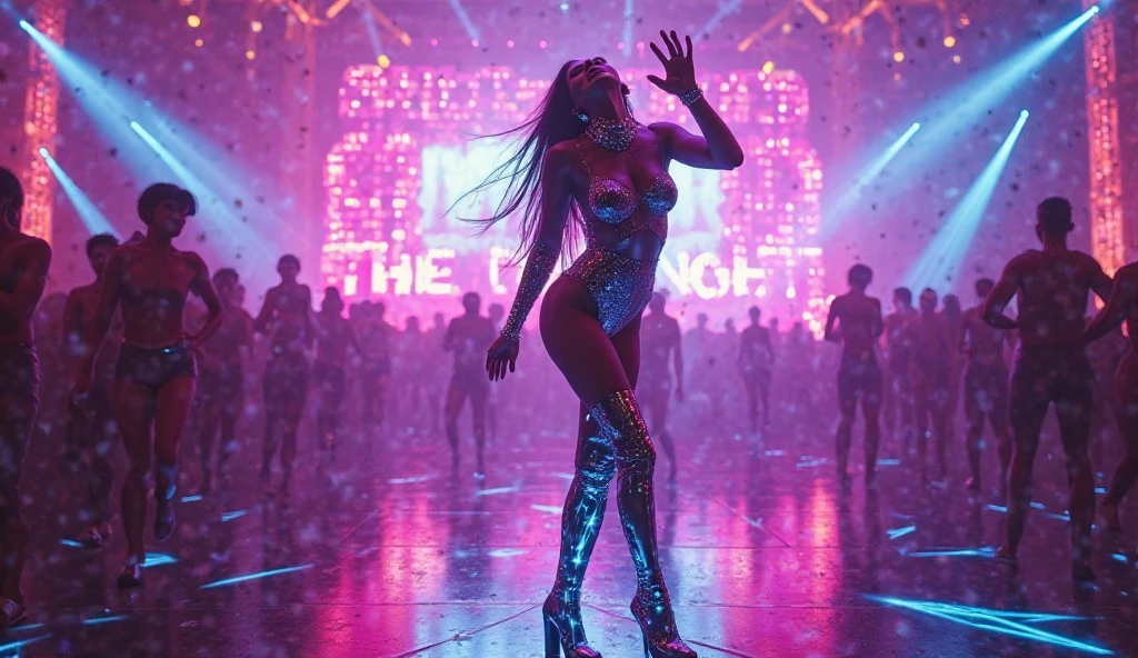 (best quality,4k,8k,highres,masterpiece:1.2),ultra-detailed,(realistic,photorealistic,photo-realistic:1.37),vibrant colors,electronic music background,full color,photo,poster,fashion,abstract design,modern style,dynamic energy,energetic atmosphere,striking visual effects,pulsating rhythm,creative visuals,stylish composition,glowing lights,futuristic elements,technological elements,synthesizer,turntables,CDJs,headphones,neon lights,glittering disco ball,dancing crowd,stylishly dressed models,(((black sunglasses, medium-breast:1.2))),eclectic fashion choices,colorful patterns,shimmering fabrics,sharp lines,mirror reflections,playful poses,dynamic movement,dynamic light and shadow,dazzling visual spectacle,artistic expression,electric ambiance,multimedia experience, cinematic lighting, lens flare, ray tracing
