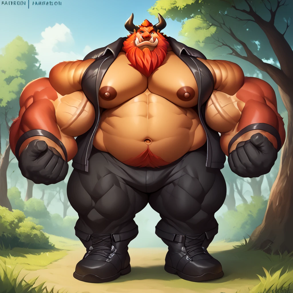 ultra-detailed, masterpiece, masterwork, high quality, best quality, hdr, (nature), posted on e621, (by darkgem ), nsfw, male, solo, chibi, ((nude, littlepenis, foreskin, perfect balls)), (red body minotaur), hairy dragon, (white chubby body), (long golden hair, yellow eyes), standing, from below, dynamic angle