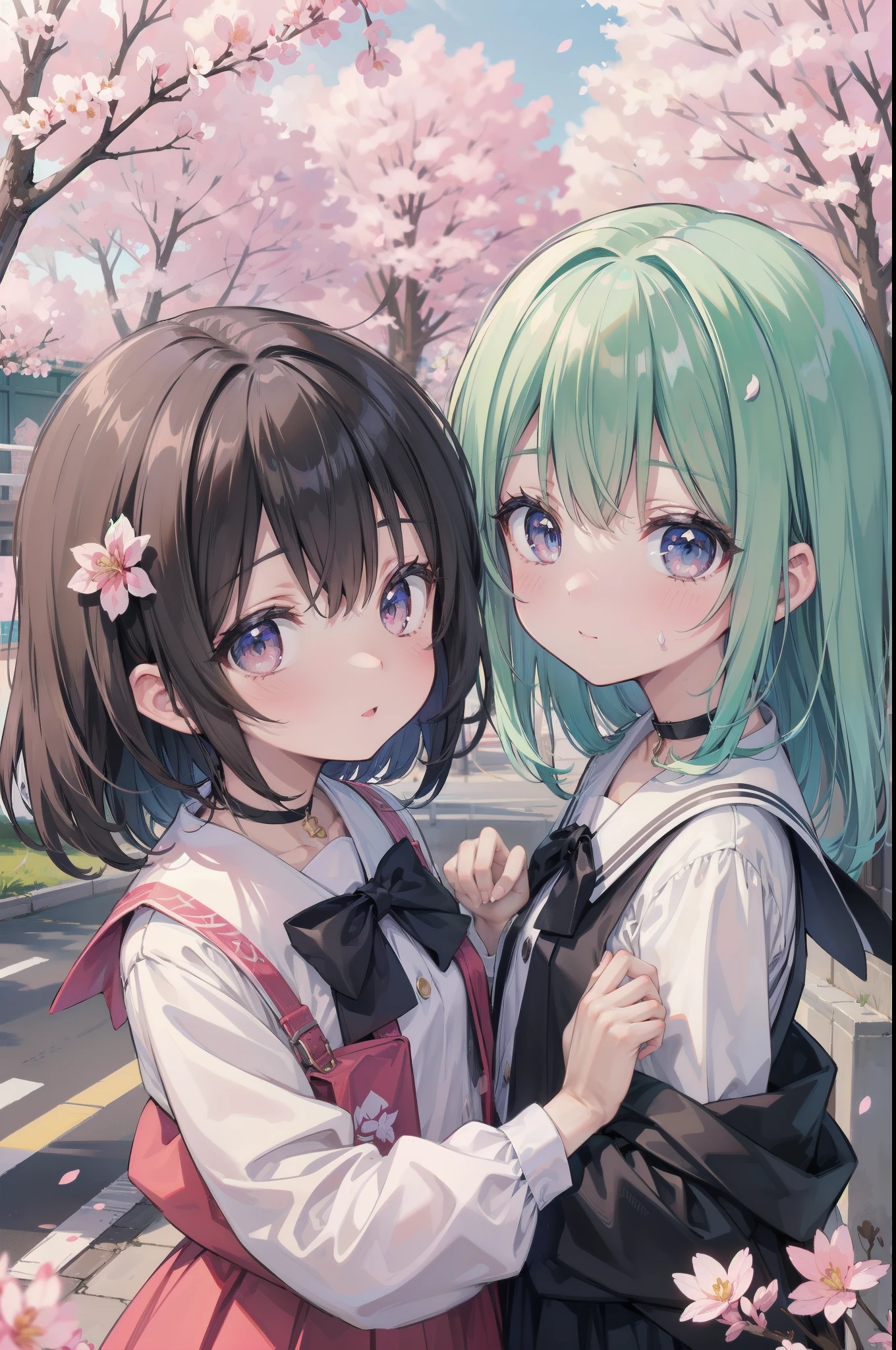 ,2girls, eyecatch, 1.15::rating:general::, no text, amazing quality, best quality, very aesthetic, absurdres, Digital illustration, anime style, year 2024, upper body, three quarter view, location, outdoors, spring, cherry blossoms, road, -2::halftone::, -2::photo background::, inset border, (半袖の夏服のセーラー服:1.4),
(ミニスカート:1.3),
Black ribbon choker with sakura charm,
(face close-up:1.4), (NSFW:1.3), (金髪碧眼), カチューシャ, (flat chest:0.8), (青空:1.5),