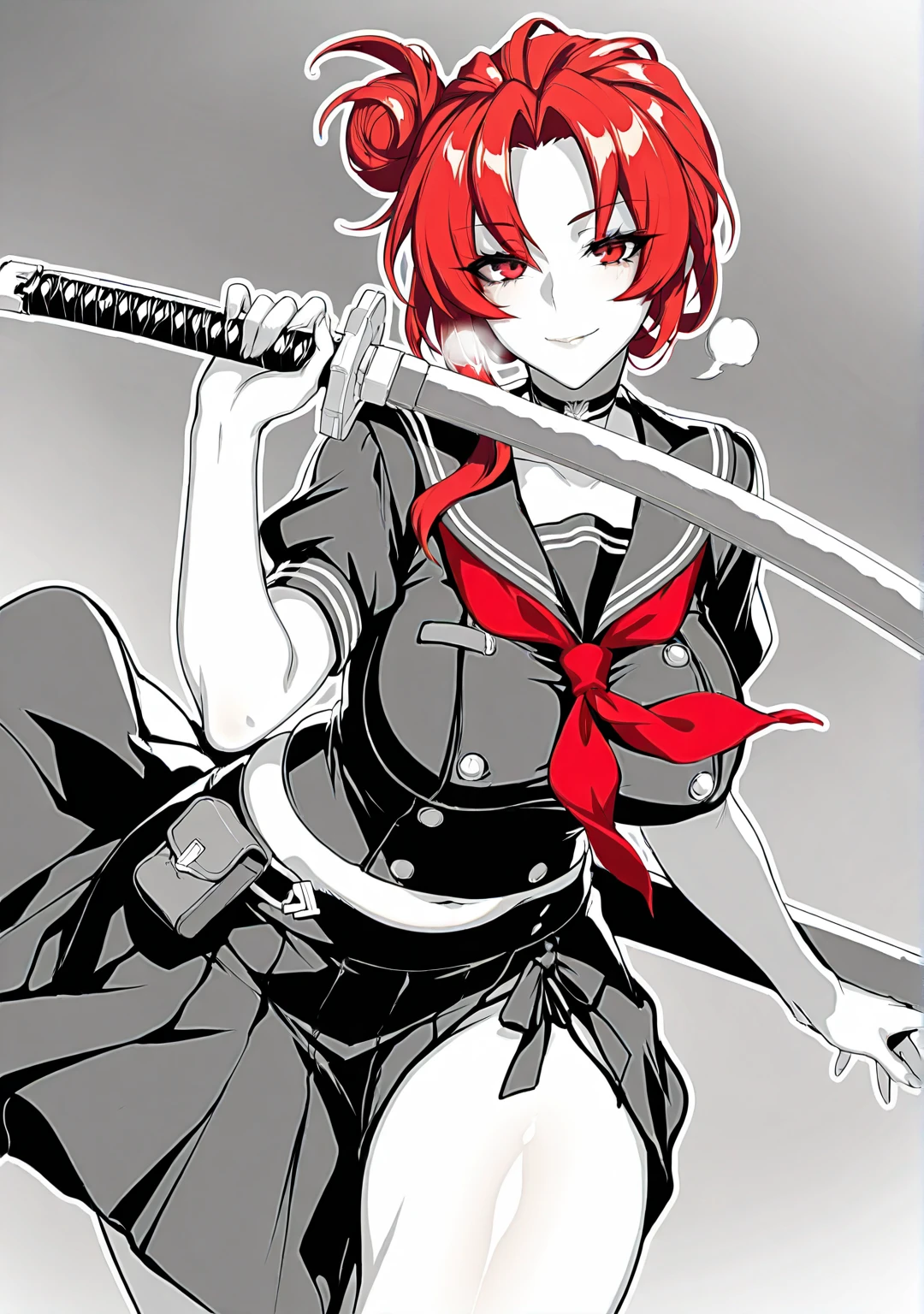 (puuzaki_puuna(punopupupu)-style:1.2), ((anatomical correct)), ((monochrome, greyscale, manga-style, spot colors,red eyes)), (lineart:1.2), perfect body, perfect eyes, perfect fingers, gasping, heavy breathing, gasping profusely, ((skindentation)), ((curvy)), Murata Himeko, ((red hair)), short hair,messy hair,hair up,single hair bun,hair one side up,forehead,parted bangs,yellow eyes, plump, 1girl, breasts, weapon, school_uniform, solo, sword, black_serafuku, smile, serafuku, looking_at_viewer, swimsuit, katana, choker, skirt, bikini, neckerchief, thighs, sailor_collar, holding_weapon, red_neckerchief, collarbone, long_skirt, holding, black_skirt, holding_sword, black_shirt, crop_top, shirt, pouch, closed_mouth, short_sleeves, sketch, black_sailor_collar, single_glovemouth