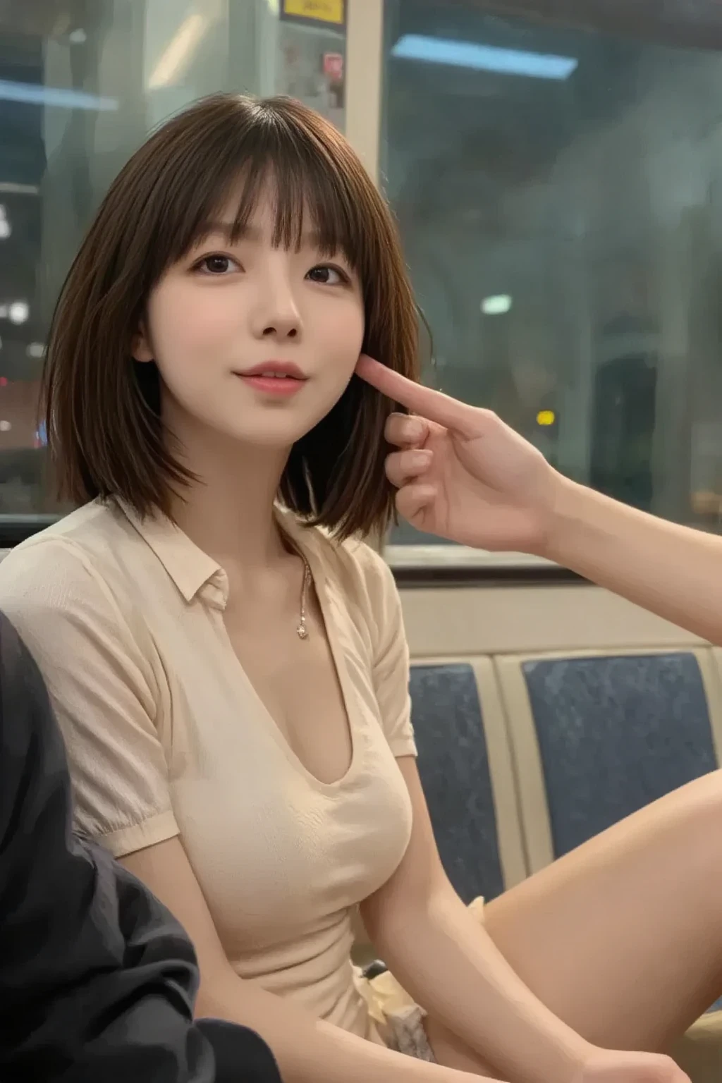 ((Best quality, 8k, Masterpiece: 1.3)), Contour: 1.2, ((Layered haircut, Round chest: 1.5, cleavage exposed) ), (dark, restaurant: 1.3), casual clothes: 1.1, Highly detailed face and skin texture, Beautiful eyes, Double eyelids, White skin, Long hair, (Silent: 1.3), Full close ,Ultra HD,8K suggestive smirk, point of view selfie, taken with front facing phone camera, sitting in airplane seat. casual clothes