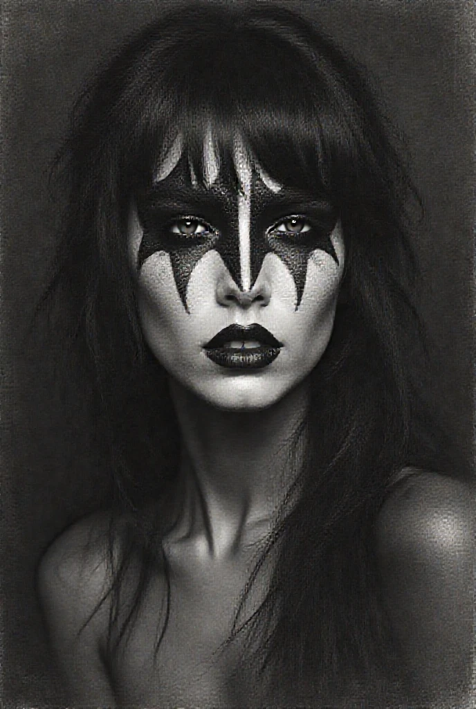 4K, Masterpiece, highres, absurdres,photorealistic,edg_makeup, a woman with a black and white face paint , edg_makeup on face, rockstar attire, rorckstar hair,cowboy shot, surreal, lights on, shadows,great composition, (realistic:0.8), <lora:edg_makeup:0.45>
