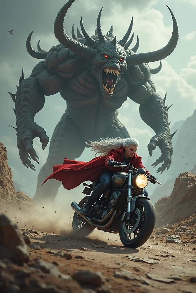 An epic battle between a red devil and a blonde girl dressed in a white and blue shirt and a cap on her head.