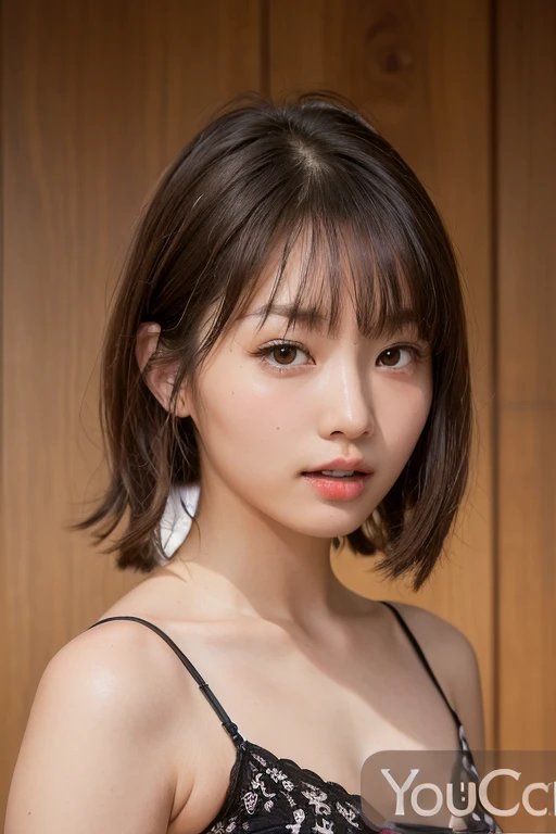 Best quality, masterpiece, ultra high res, (photorealistic:1.5), raw photo, 1girl, offshoulder, in the dark, deep shadow, low key, cold light, sexy look, short hair, front teeth, troubled face,