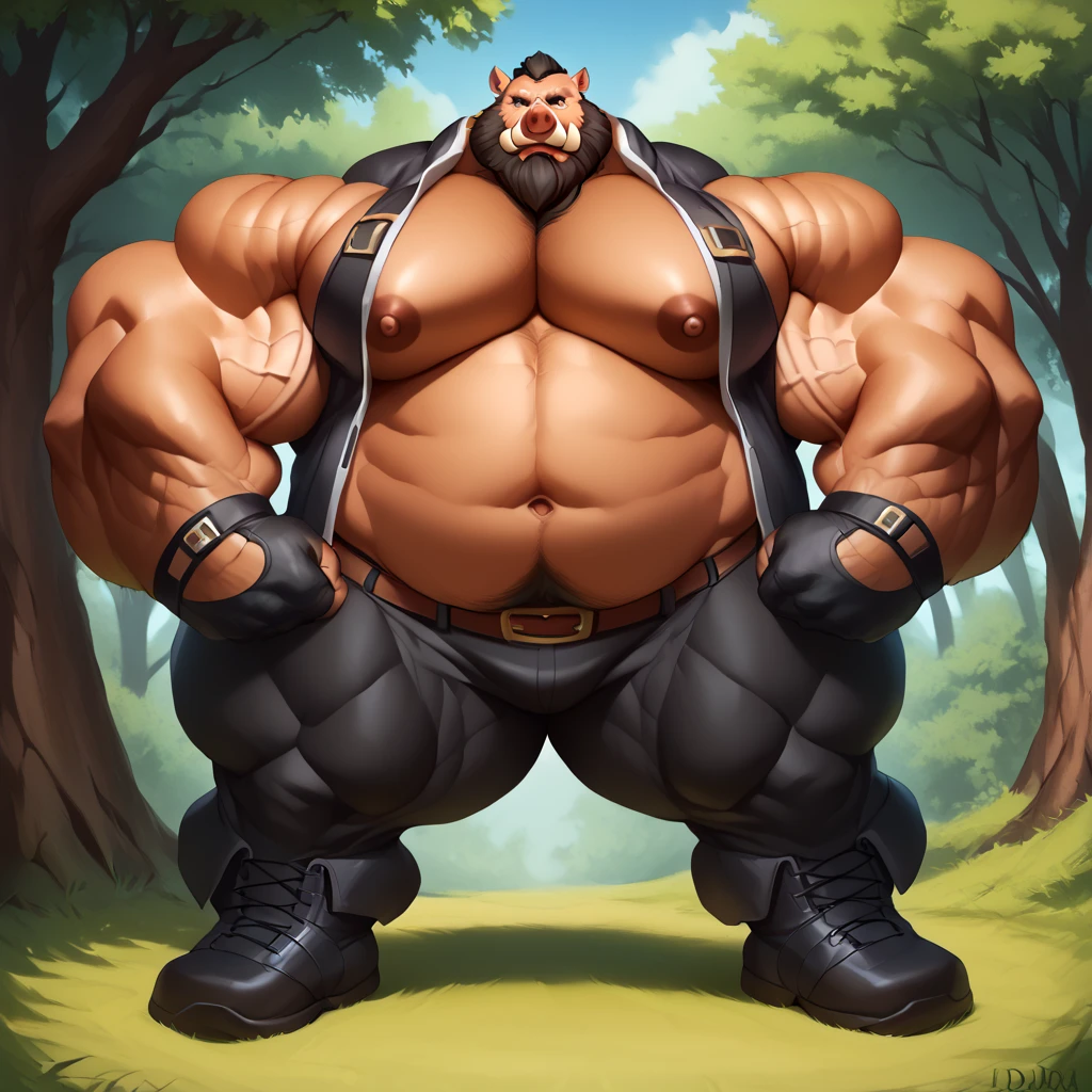 40 years old white Male, tall, giant body, handsome, dad bod, beefy, strong arms and legs, wide shoulders, a bit chubby muscle gut, a bit of fat but still very muscular, extremely hairy, (a lot of body hair), short beard, naked, barefoot, (huge oversized cock), (giantic heavy hairy fat balls), waterfall, tribe tattoos, holding a spear, smirking