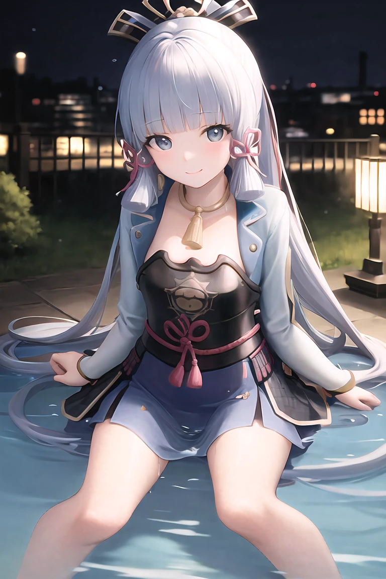 highres, best quality, 1girl solo, kamisato_ayaka, sitting, from above, looking at viewer, light smile, wading, wet hair, night, poolside, japanese onsen <lora:kamisatoAyakaGenshin_kamisatoAyaka:1.2>, masterpiece, best quality, wallpaper