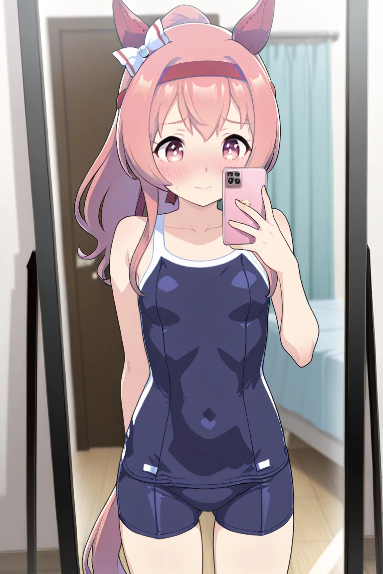 (masterpiece), Highest quality, Expressive eyes, Perfect Face (Blue Denim Micro Shorts), One person, ((Vacant room)), Cleavage, See through, good, Sweaty, Oily, Profile photo, luck_no_i-min style, Tsukasa, Place your hands behind your head, I can see the ribcage, Detailed abdomen, Underarm, Soft Light, The Graciousness of God,  (Perfect hands, Perfect Anatomy), I'm smiling at you、