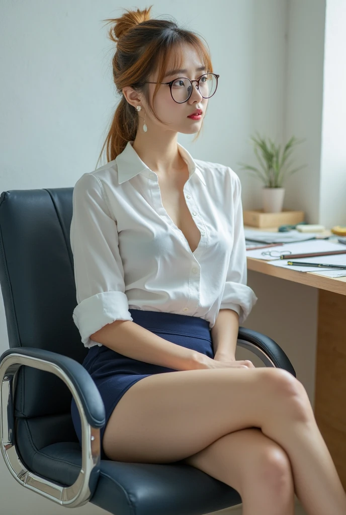 sitting in a school chair、squint、(Pleated skirt)、shirt、squint、Drunk、(Sexual Ecstasy)、Glasses、Highest quality, Realistic, Super delicate illustration, Beautiful and attractive girl, Slender body, One Girl, Girl Photos, Full Body Shot, Panty Shot、30 years old