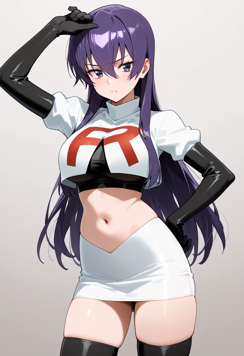 misatokatsuragi, misato katsuragi, long hair, (brown eyes:1.5), blue hair, (purple hair:1.2),
BREAK hat, jewelry, earrings, beret, red headwear, team rocket,team rocket uniform,white skirt,crop top,black thigh-highs,black elbow gloves
BREAK looking at viewer, (cowboy shot:1.5),
BREAK (masterpiece:1.2), best quality, high resolution, unity 8k wallpaper, (illustration:0.8), (beautiful detailed eyes:1.6), extremely detailed face, perfect lighting, extremely detailed CG, (perfect hands, perfect ???????),
