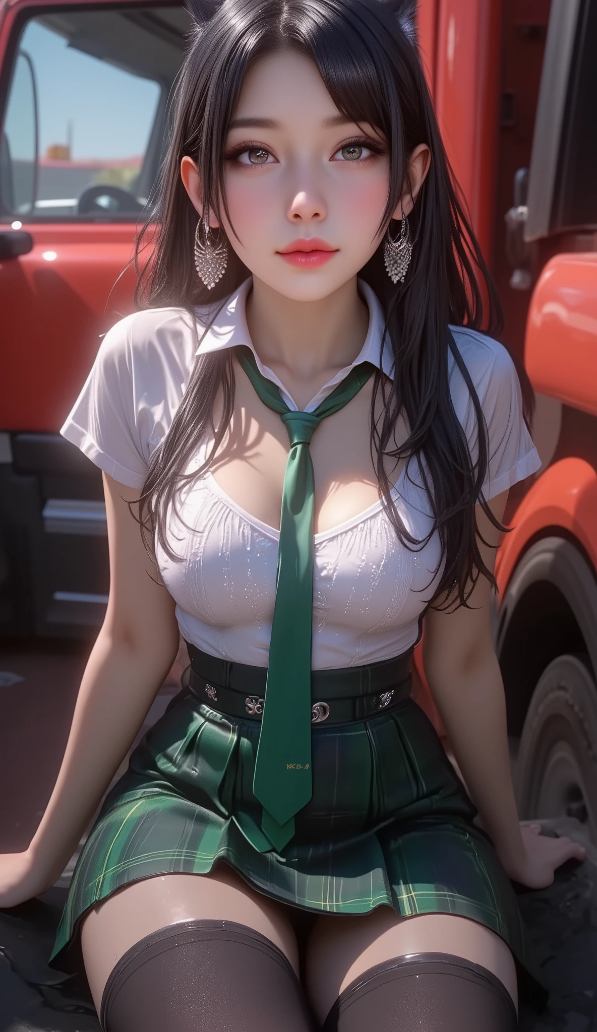 (full body shot:1) photorealistic image of a (sitting pose:1) ultrarealistic, semi realistic, cinematic lighting, masterpiece, (perfect lighting:1.4), expressive! Exposed, (((nsfw, uncensord))), source_photo, source_anime, 8k, highest definition, RAW photo, DSLR, ultra-detailed, picture-perfect, best quality, detailed shading, depth_of_field, cinematic lighting, ((dynamic view)), (hyperrealistic:1.2), photography, long curl cute black hair, cat ears, woman, 24 years old, hourglass figure, perfect body, seductive look, natural medium breasts, blur background, she is sitting in the passenger side inside of a huge red 16-wheeler truck, she wears a hoop earrings, college girl (blonde long-cut hair, green eyes) in uniform, (green plaid pleated skirt), (see-through white blouse), (green tie), (thigh high socks), ((petite)), wolf ears, sitting on floor, baack agaist wall, legs parted, cinematic lighting, dynamic angle, light rays, volumetric lighting, concept art,Fantasy detailers,Thriller illustration haunted doll,REALNIME, cleavage, he has long eyelashes and cat eye make-up, soft smile, stretched pussy, sensual fuck, riding cock, wet crotch, wet anus, grinding on cock, ass spread, size difference (moist skin), (sweaty skin:1.2), super detail, ((transparent liquid flowing only from vagina, soaked dripping:1.35)), pussy juice