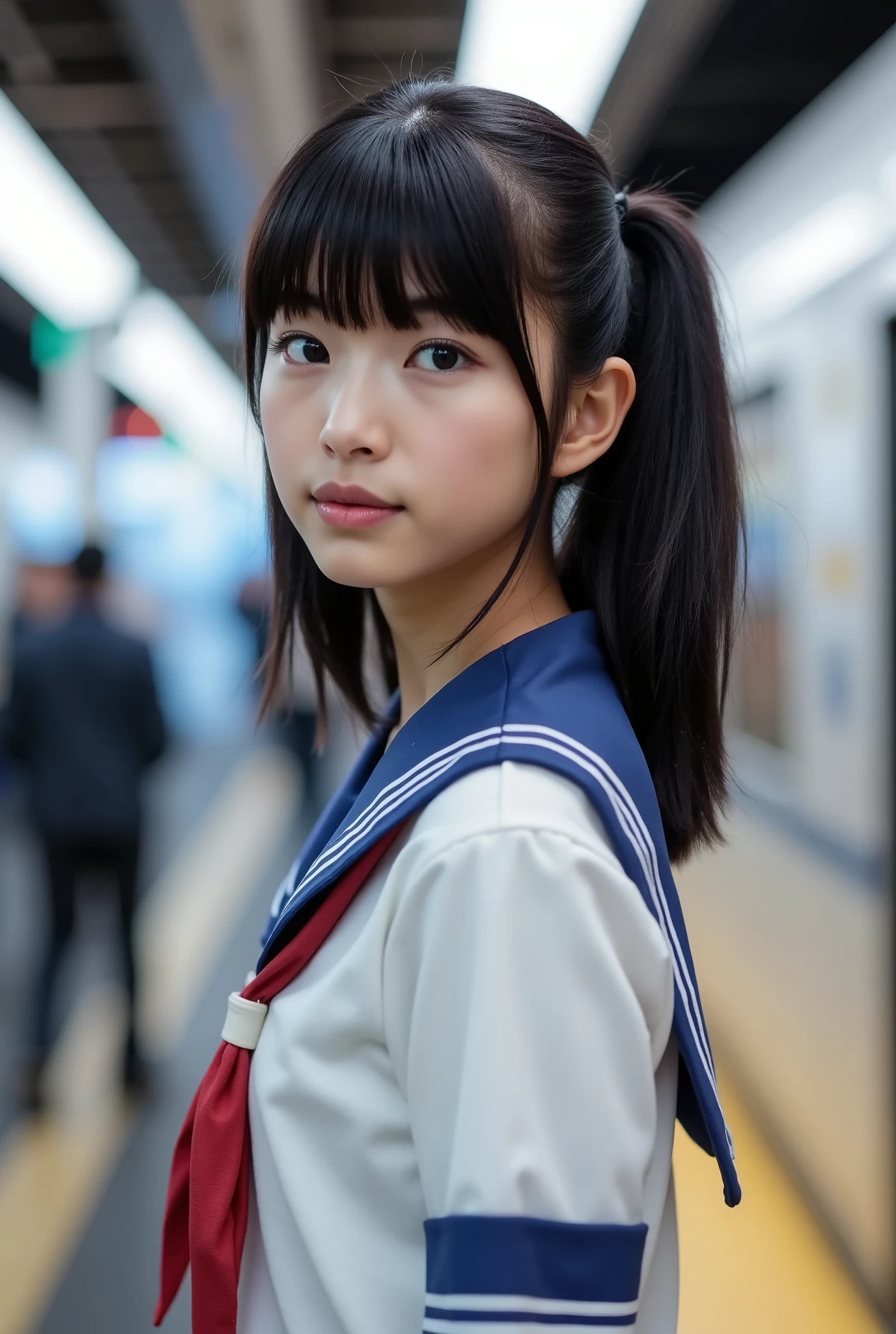 Create a photo of a Japanese idol girl with fair skin, featuring straight black hair styled in a ponytail with bangs. She is wearing a sailor uniform, standing on the subway platform, waiting for the train to arrive. The focus should be on emphasizing her purity, charm, and ethereal beauty in this setting.