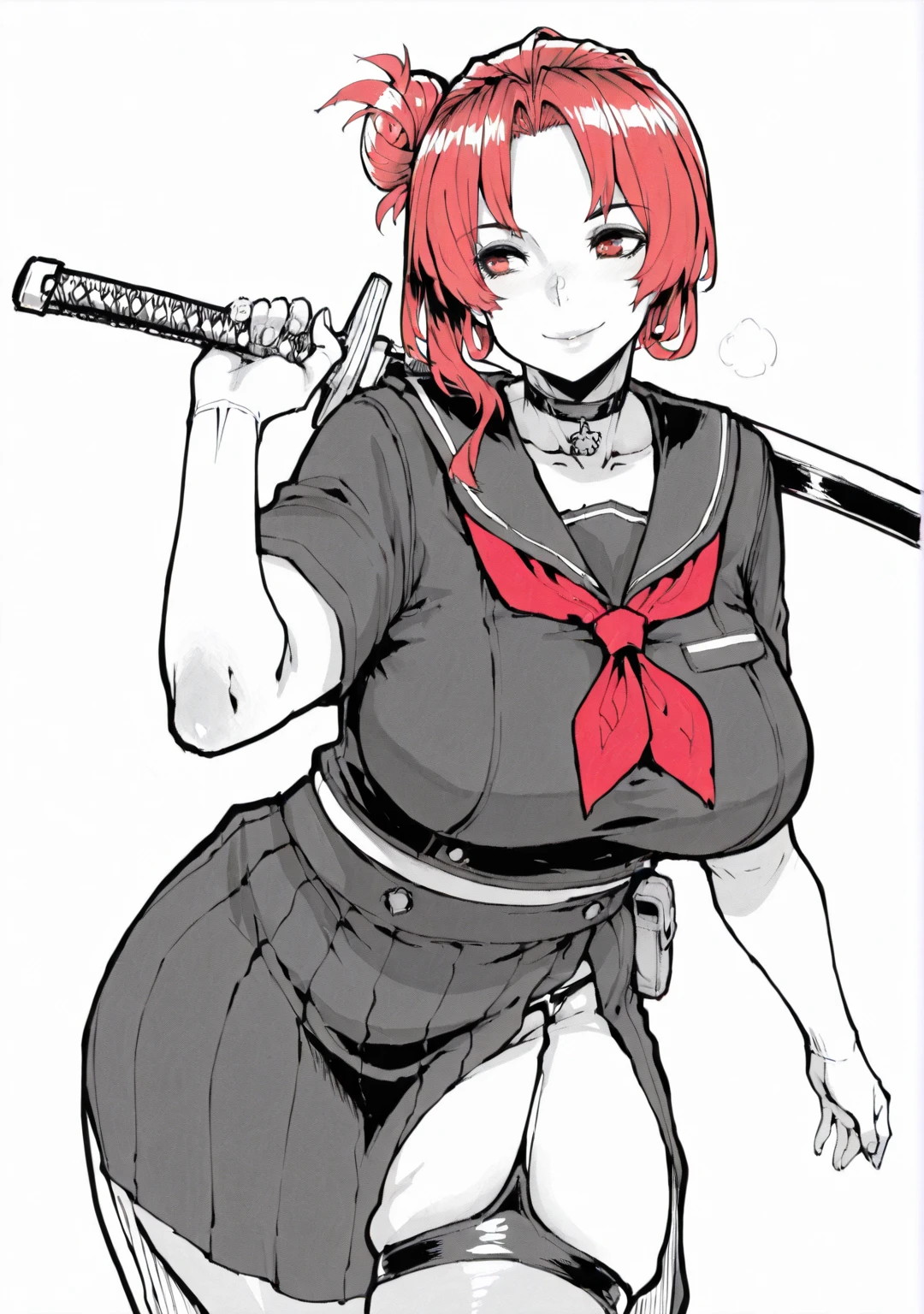 damhito, (Norman maggot-style:1.2), ((anatomical correct)), ((monochrome, greyscale, manga-style, spot colors,red eyes)), (lineart:1.2), perfect body, perfect eyes, perfect fingers, gasping, heavy breathing, gasping profusely, ((skindentation)), ((curvy)), Murata Himeko, ((red hair)), short hair,messy hair,hair up,single hair bun,hair one side up,forehead,parted bangs,yellow eyes, plump, 1girl, breasts, weapon, school_uniform, solo, sword, black_serafuku, smile, serafuku, looking_at_viewer, swimsuit, katana, choker, skirt, bikini, neckerchief, thighs, sailor_collar, holding_weapon, red_neckerchief, collarbone, long_skirt, holding, black_skirt, holding_sword, black_shirt, crop_top, shirt, pouch, closed_mouth, short_sleeves, sketch, black_sailor_collar, single_glovemouth