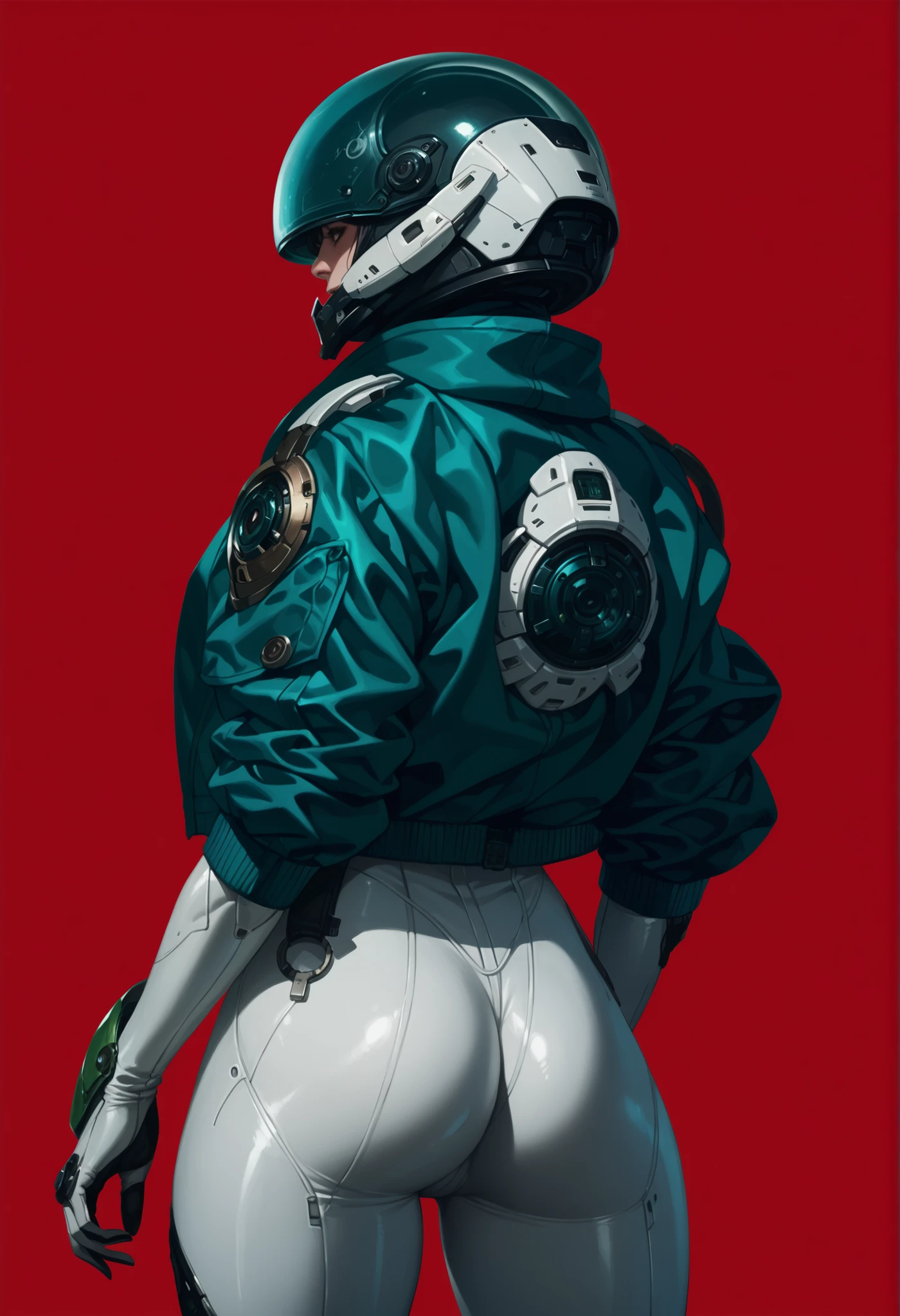 1girl,One,red background,, the cowboy shot,,ruani0812, white bodysuit,tight,science fiction,green jacket,open the jacket,behind,glis helmet,is, check_9,check_8_up,check_7_up,,8 k,1girl,One,,