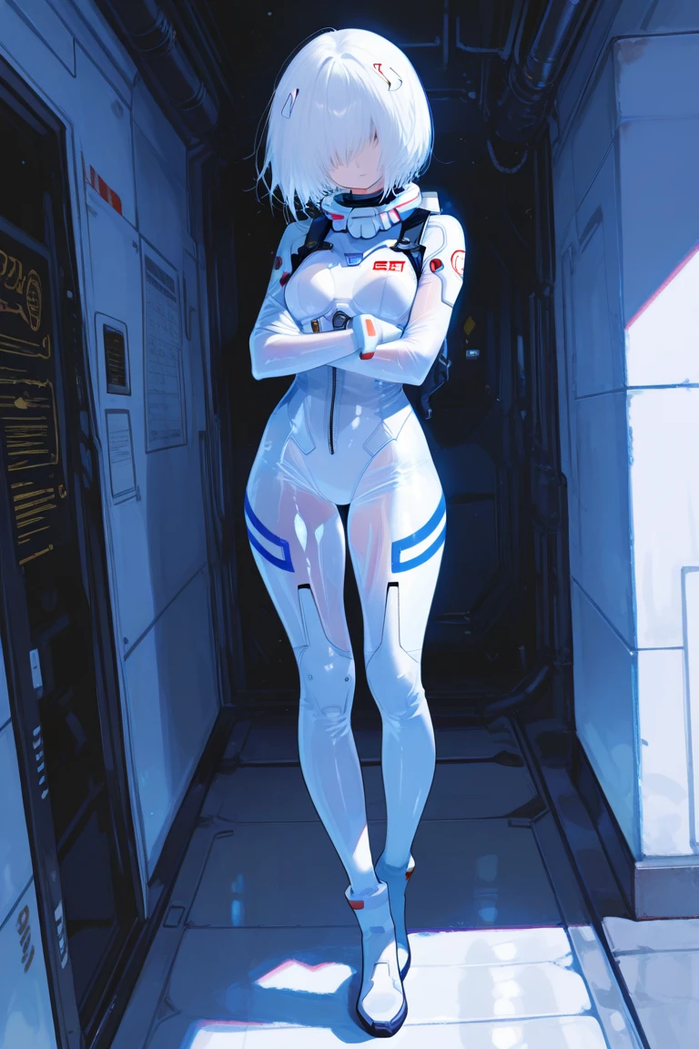 A woman facing backwards on top of a building. She wears a white suit with a raised hood and a white mask, the suit hugs her thick, smooth thighs. 