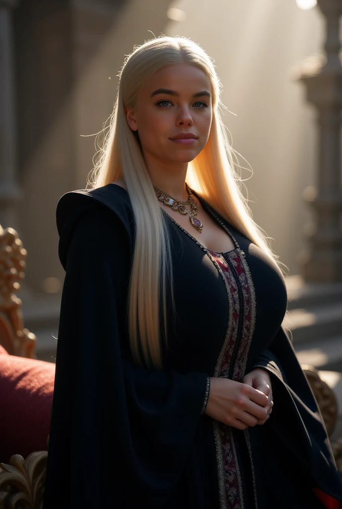 RAW photo of a gorgeous girl, S134_TiaunaRiley as a medieval queen, wearing traditional dress,  long platinum blonde hair, busty, fantasy themed, 55mm professional photography, full detail, detailed face, 8k uhd, dslr, soft lighting, high quality, film grain, Fujifilm XT3, dark theme,  <lora:LowRA:0.3>,  <lora:epiNoiseoffset_v2:0.6>,  <lora:add_detail:1>