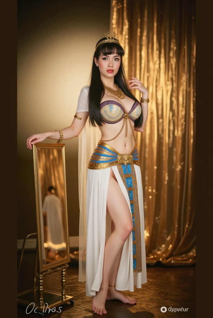 ((masterpiece, best quality, ultra-detailed, ultra-HD, photorealistic, cinematic)), ((alluring female Egyptian Princess)), (surrealism), (wide shot, full body view:1.5), (voluptuous body), (semi-naked), perfect body, sexy body, perfect face, perfect hands, delicate face, large cleavage, round ass, long round legs, (long ebony hair styled in intricate braids, hair cascading down her back, adorned with gold lotus blossom hairpieces), (neat shoulder-length bob with a gentle wave hairstyle), (ankle-length azure silk gown, gold hieroglyphic embroidery along the hem and neckline, figure-hugging silhouette with wide flowing sleeves, gold cuffs on sleeves with elegant draping), (ornate collar necklace with lapis lazuli and turquoise stones), (sensual pose), (gradient background:1.2), (hands wide open), soft hazel eyes, detailed pupils, deep red lips, blushing, slightly parted lips