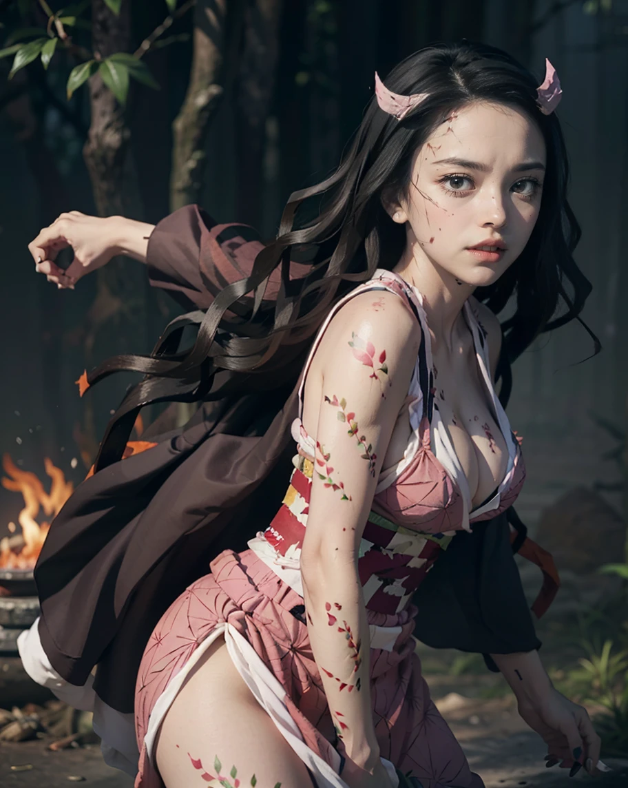 surreal), (illustration), (high resolution), (8K), (extremely detailed), (best illustration), (beautiful in detail), (best quality) , (super detail), (masterpiece), (background), (face detail), solo, (active pose), full body shot, background in a slimy swamp of mud and colored fluid green , tangled vines , earthworms crawling around , snakes crawling on the vines of trees , scary scene , a girl tied between a swamp of mud and green liquid , 2 the girl's hands are tied up by vines , her feet are dipped in the dirty swamp slicked with green fluid , the girl is hanging in an upright position , the full picture from the hand tied to the feet of the girl , she pink butt long hair, long flowing hair, brown girl's eyes dilated pupils, smooth white facial skin, pink lips, face down, smooth white girl's hand hanging open armpit, large breasts, breasts sexy , chest with pink heart tattoo , girl wearing a shoulder-length skirt , see-through slim skirt , thigh short skirt , white girl's thighs , white bow tie on right thigh , flared short skirt pink underwear with rose pattern in the middle of the, the red rose flower pattern of the panties stands out, long legs, bare feet, feet touched with mud and green fluid, left leg is being bitten by a small black snake crawling up, feet touching mud surrounded by worms,