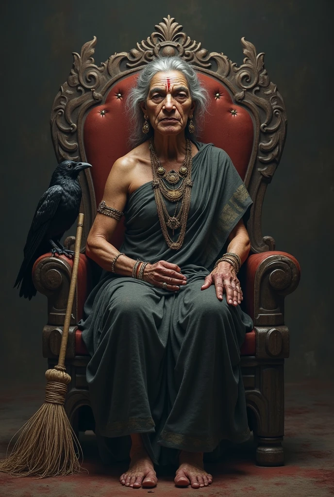 ((painting style)) (full body)(sitting on floor) (doing black magic creatures) (a cruel smile on her face) (scary ambience) A terrifying old Indian woman tantrik priest, piercing dark eyes, holding ominous black magic instruments, wearing a black saree, sitting and performing dark rituals, detailed eyes, pretty face, haunting atmosphere, chiaroscuro lighting, dark and moody colors, gothic horror, skull, blood, crows, intricate details, cinematic composition, dramatic shadows,
