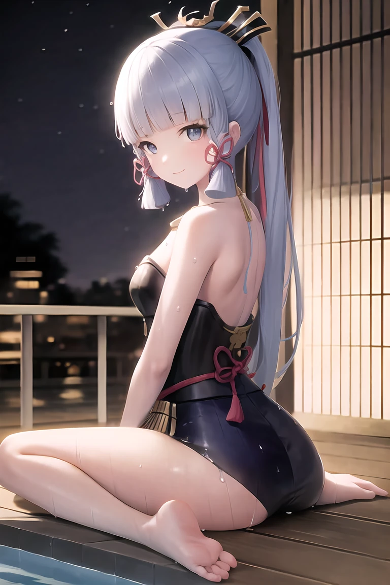 There is a woman in a golden bikini kneeling, silver high heels, pink eye, big, muscular ass, face of an American, anime girl is crouching, beautiful anime girl crouching, perfect haired girl, seductive anime girl, bright white skin, with black hair --auto
