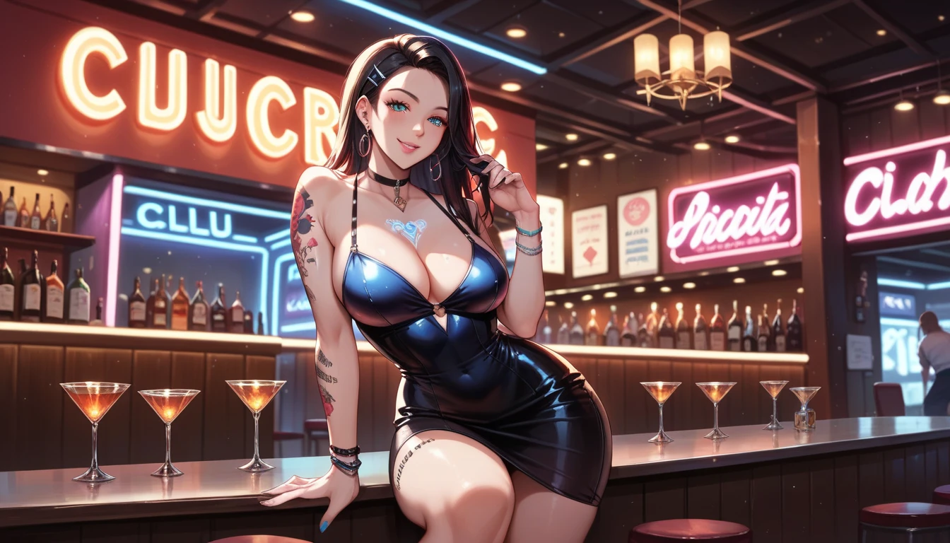 2 heads,Portrait of a 60-year-old woman with short brown hair, a captivating gaze, Brown eyes, Wrinkles on her face, She wears a very sexy black evening dress that reveals big flabby breasts, Light makeup and red lips. 32K