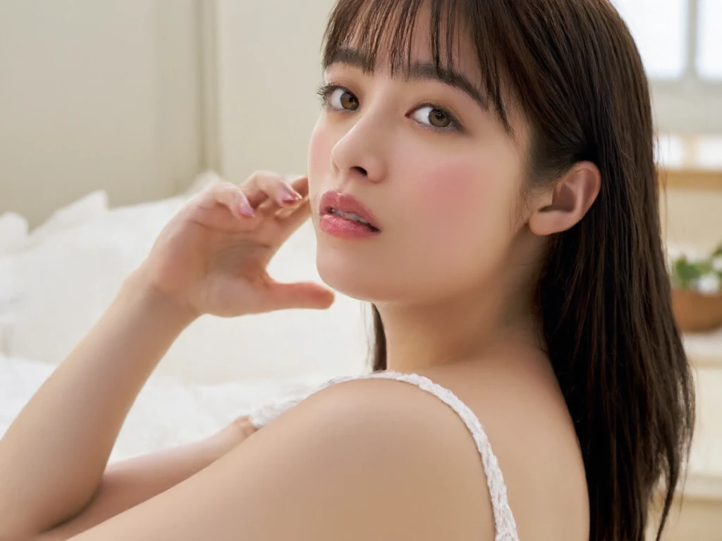 Dark brown hair、Light brown eyes、Japanese actress、 Lady、I am about 40 years old.....、(Intricate details:1.2)、(Which is the top?????:1.4)、 (Ultra-high resolution:1.2)、Ultra-high resolution、(Finely tuned)、(Detailed facial features)、Hmph、8K resolution、D cup size breasts、Long Hair、Updostyle, Updo、Hair Bun、1 Girl, Deep sorrowの表情, (Very detailed美しい顔), (camisole:1.5), (Bare shoulders:1.3), (Highest quality:1.4), (Very detailed)、Beautiful fair skin with transparency,  Are sleeping、Sleeping on the floor、Top View、 Open your mouth a little、Her legs are visible through the dress、Deep sorrow、Pose of Weakness、Obscene pose、White floor、White wall、The morning sun shines in、Lean on、