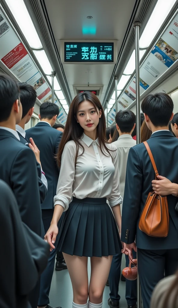 A packed train in tokyo, office ladies commuting to work, suits, people standing so close together that their bodies are touching, ((full body)), ((photo)), ((best qualtiy, 8K, tmasterpiece:1.3)), Focus:1.2, perfect figure beautiful girl:1.4, 1girl, cowboy shot, look at viewer, incredibly absurd, beautiful and cute girl with a photorealistic face, showcasing top-quality craftsmanship, A Japanese woman looking cramped on a crowded train, 20 years old, long dark brown hair that falls to her shoulders, long shiny hair, with bangs, side parted hairstyle, brown eyes, round face, small nose, cherry red lips, bright smile, white teeth, smooth skin, healthy complexion, small ears, natural eyebrows, long eyelashes, slim, well-balanced proportions, moderate muscle, slim waist, round hips, supple limbs, short nails, beautiful C cup breasts, white blouse, black tight skirt, heeled pumps, silver necklace and bracelet, black belt, pretty older woman, beautiful, neat, soothing, cute voice, polite, kind-hearted, responsible, positive, optimistic, sociable, good communication skills, April