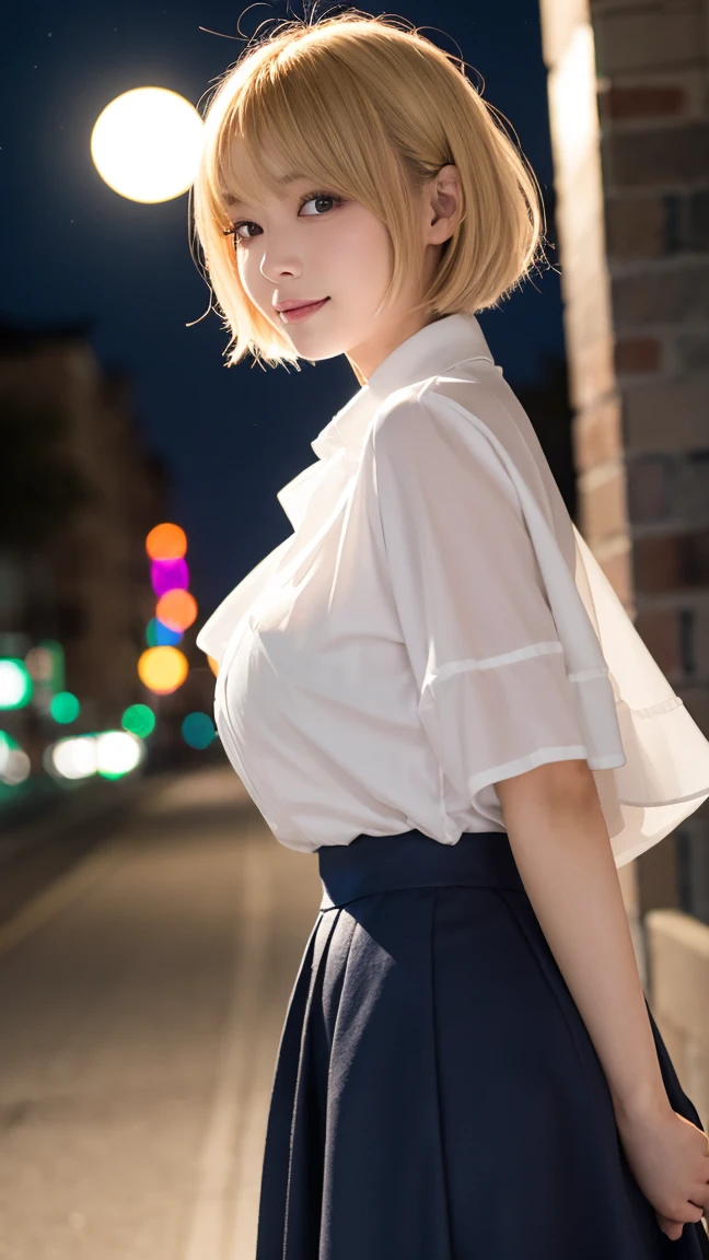 1 Japanese beautiful girl,28yo girl, Super beautiful detailed face, (smile:1.4), earrings, (blonde very short pixie hair over one eye with parted bangs:1.3),(front view), (medium shot), (chubby body), (neutral-colored large areola),((nipples)), BREAK, masterpiece, best quality, ultra quality, high quality, realistic, photo realistic, RAW photo, hyper detailed, intricate detaile,(crowded street:1.3),cinematic lighting,(denim shorts),((no bra)),wetshirt,white T-shirt,(wet hair),(wet clothes), ((dark cloud and sky)), raining, (rain filtered), (rain splashes in water),(lightning:1.3),(raindrops:1.1),(downpour:1.2),(raining:1.3),(nipples poking through shirt),