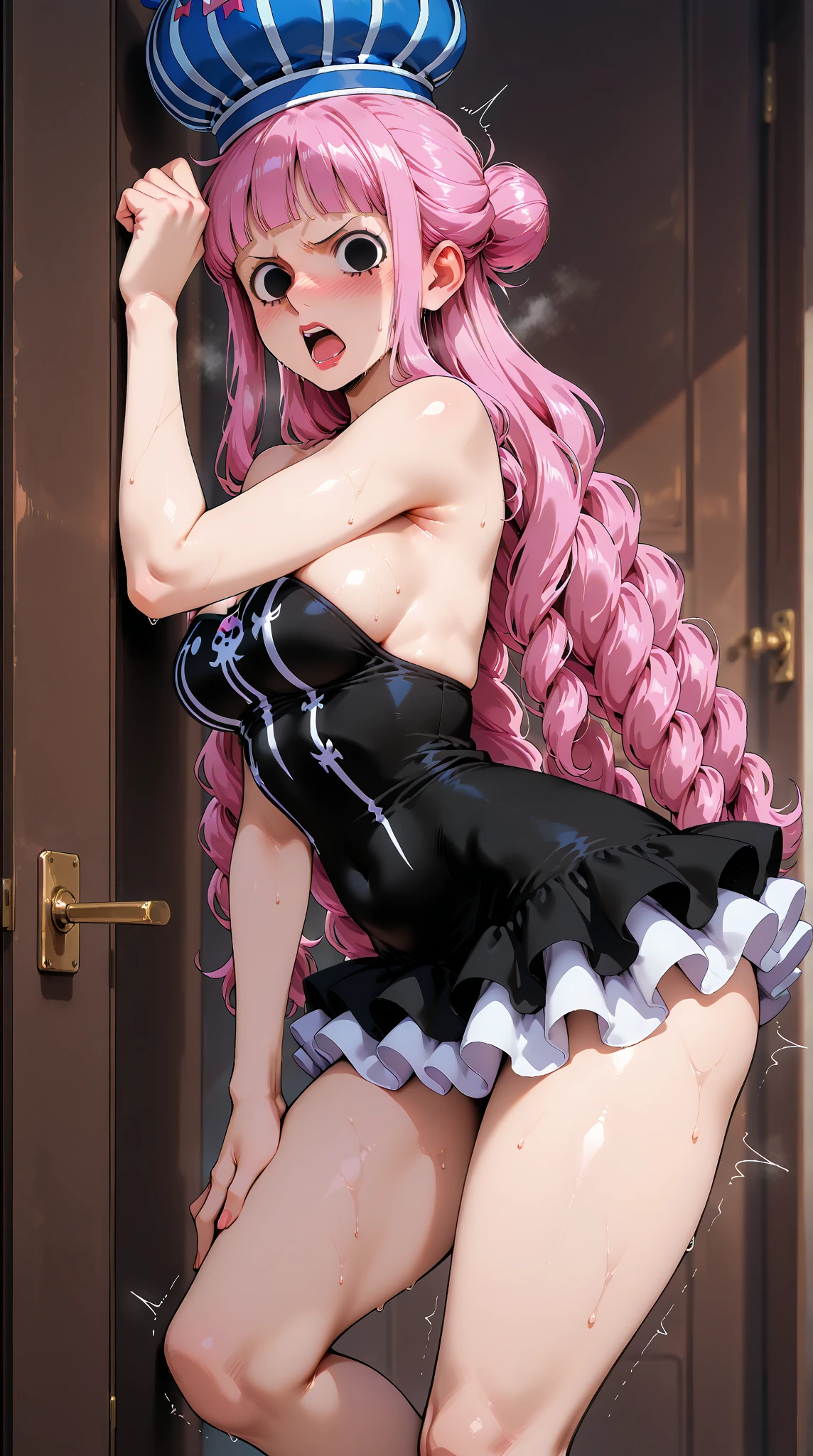 masterpiece, Highest quality,High resolution,Dorothy, Pink Hair、Bright Blue Eyes、Big black eyes、Braiding, Black Dress、Cowboy Shot、Line art、Pencil drawing、comics、alone、One、Torn clothes、tits、Large areola、Nipples
