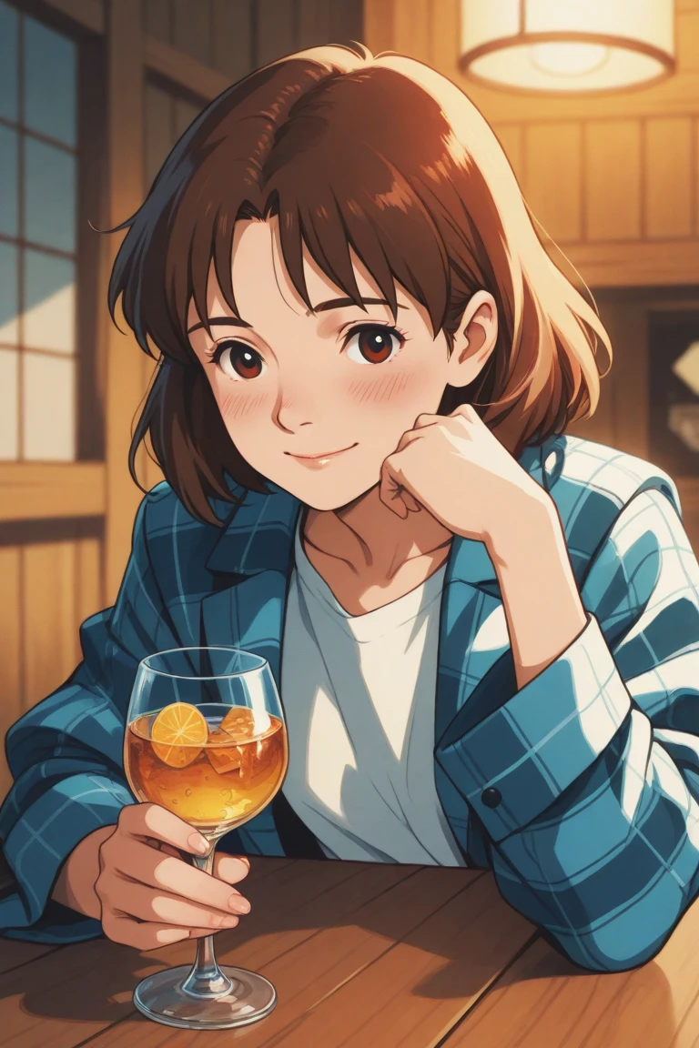 Retro anime女性, 80年代のAnime atmosphere, 80s anime style, Retro anime, 1980's anime style, Retro anime images, Anime atmosphere, Drinking whiskey, Holding a whiskey glass close to his face, whiskey, smile, Short Hair