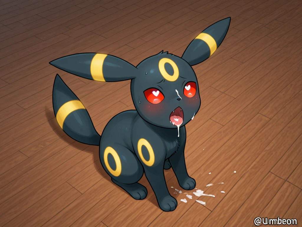 Umbreon, anthro, young, blue sclera, black iris, black body fur, feets whit three toes, detailed body fur, detailed face, detailed eyes, glistering body, shiny body, gorgeous body, masterpiece, high quality, anime style, full body, :3, field, clear sky, sitting, cute, blush, mouth open, so much cum in mouth, so much cum on head, cum on hands, so much cum on  chest, so much cum on face, covered in cum, whole body covered in cum, cum allover body, cum on legs, cum puddle