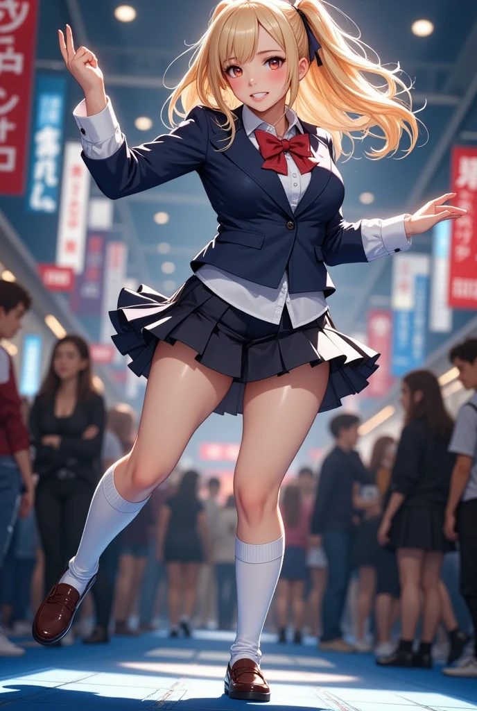 (masterpiece, best quality), 1girl,    <lora:UshiromiyaJessica:1> jessica, blond hair, ponytail ,two-tone skirt,  bicolor skirt, red skirt, ushiromiya logo, kneehighs, jacket, necktie, purple stitching