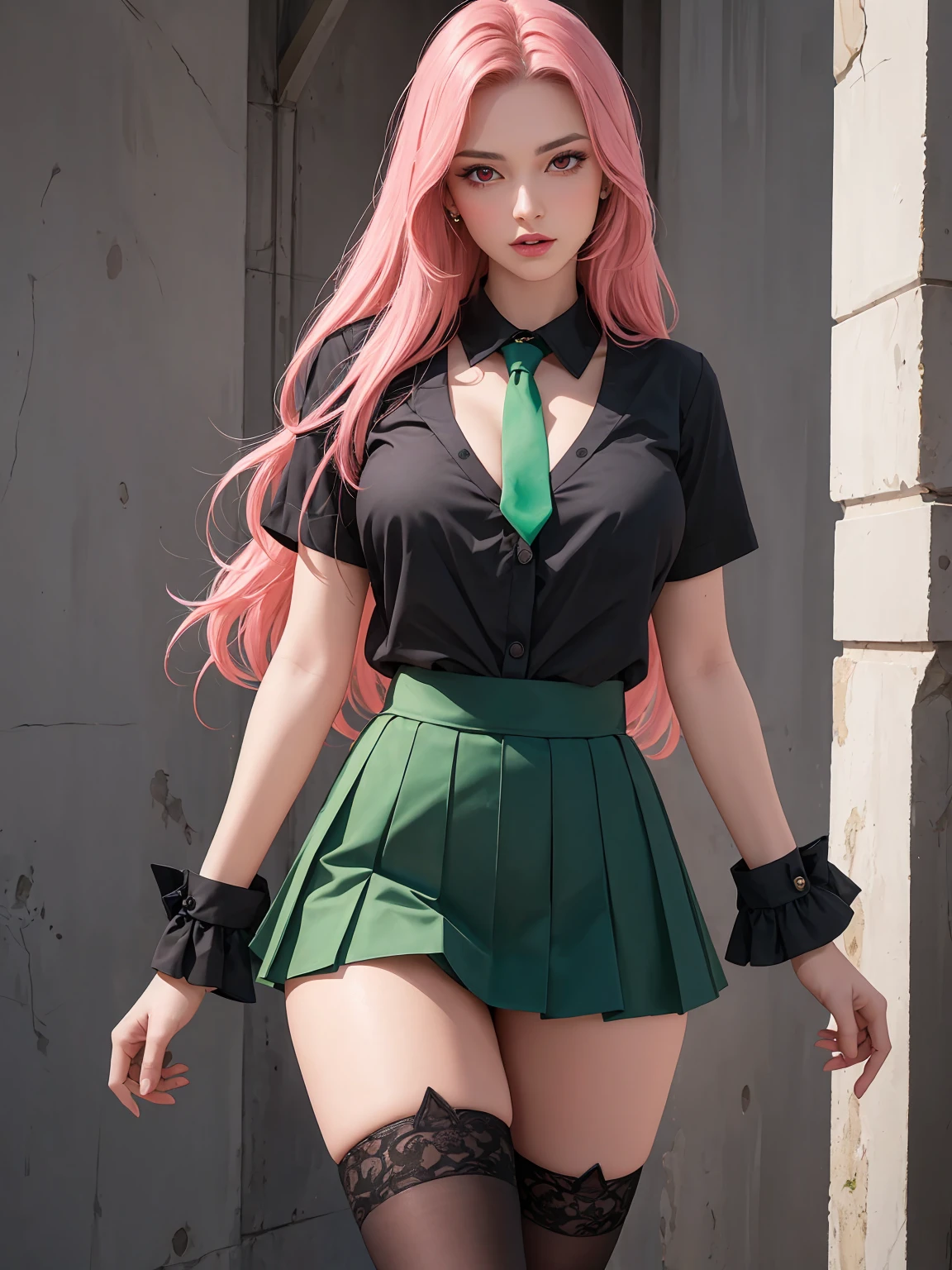 Long Hair, bangs, Pink Hair, Hair Between Eyes, (Green Eyes: 1.5), Multicolored Hair, Hair Tie, Lipstick, Girls, kogal, Makeup, BREAK Skirt, Shirt, Jewelry, , clavicle, White shirt, Pleated skirt, Collared shirt, Mini skirt, Bracelet, Green skirt, Naughty big、big full breasts、BREAK looking at the viewer, Full body, BREAK (masutepiece:1.2), Best quality, High definition, Unity 8k wallpapers , (Illustration: 0.8), (Beautiful detailed eyes: 1.6), extremely detailed face, Perfect lighting, extremely detailed CG, (Perfect hands, Perfect anatomy), Open mouth smile、Stand on the escalator, (Up) escalator), ( lower body shot), Focus on hips, (shot from below: 1.3), (back view: 1.3)、 (black panties: 1.3)、(Rolling skirt: 1.3)、(Fully exposed panties: 1.5), outdoor、 outside the house