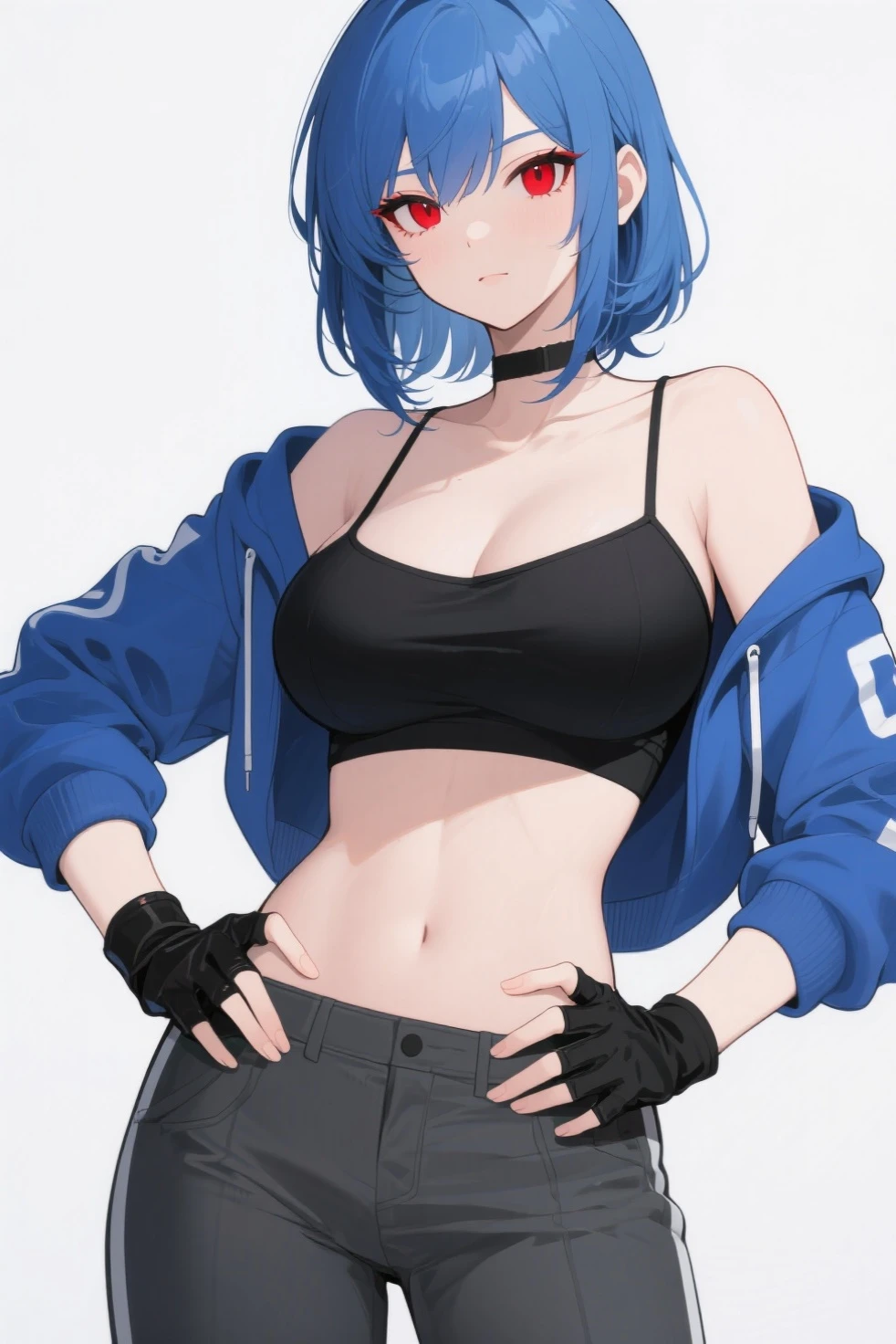 High detailed, 4k quality, stunning young girl, blue hair, random hairstyle, necklace and piercing, wearing erotic Athleisure Set: Leggings with a matching sports bra and oversized hoodie, plus slip-on sneakers, perfect breast, long cleavage, curvy body, playful expression, random background