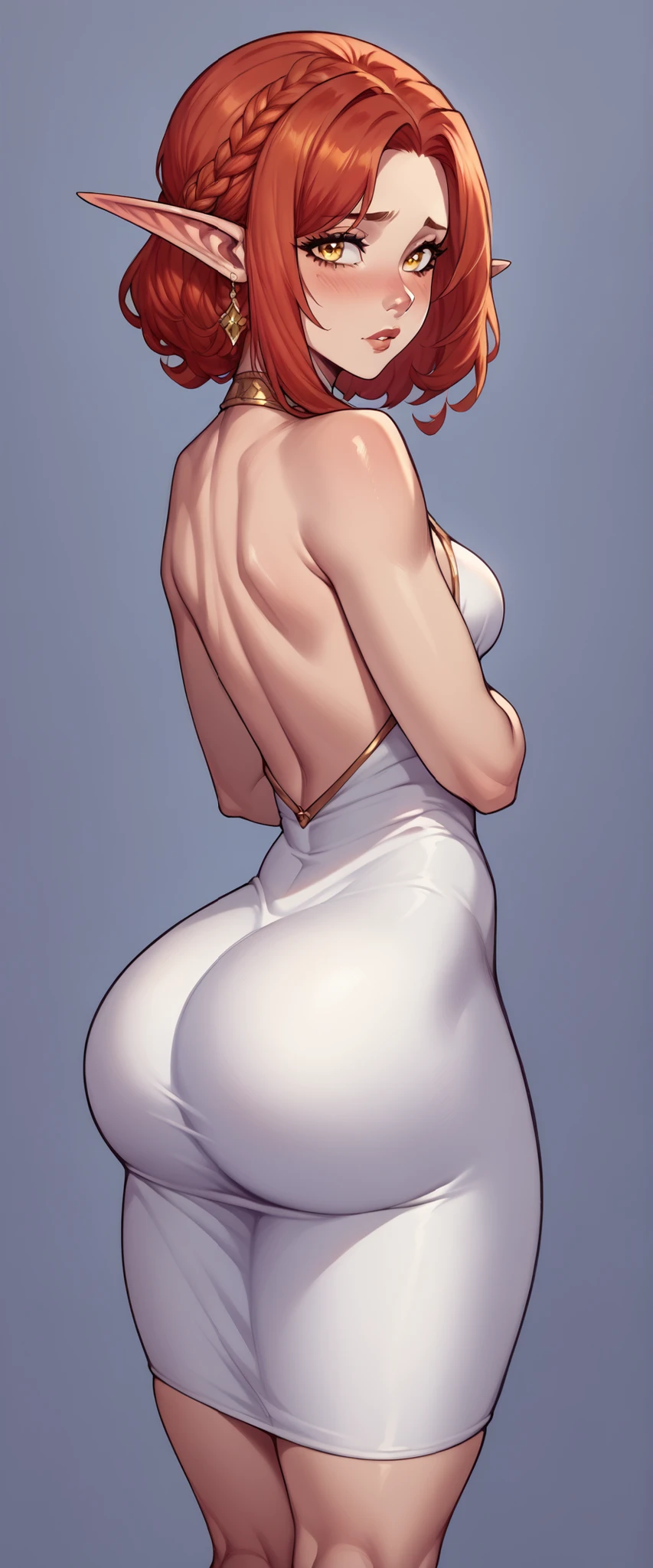 an elf girl, with small breasts and thick thighs, big ass, WIDE HIP, ((kk_sexydress_jewelry, white silk dress)), hottie, shy, ((orange reddish hair, golden eyes)), (half-up braid hair style), (eps, The woman is posing for the camera, different poses)