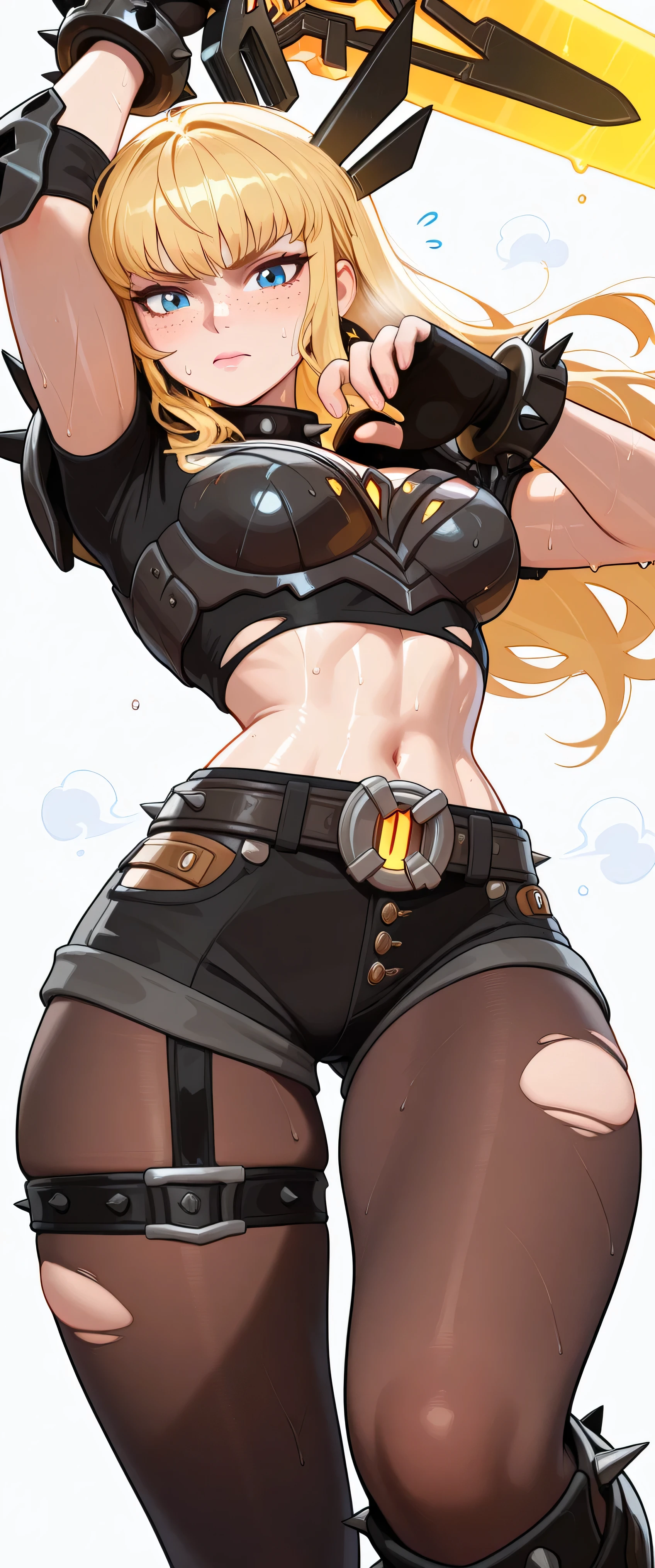 magik_mvr, 1girl, solo, blue eyes, hot, steaming, steaming body, sweat, sweating, sweaty, sweaty body, wet, wet body, dripping, dripping sweat, blushing, embarrassed, nervous, closed mouth, (((white background))), looking at viewer, cowboy shot, fighting stance, dynamic pose, medium breasts, blonde hair, long hair, freckles, midriff, earrings, belt, black shorts, armor, shoulder armor, pauldrons, spiked bracelet, spiked collar, thigh straps, black gloves, fingerless gloves, brown pantyhose, torn pantyhose, knee boots, round butt, slim waist, skinny waist, wide hips, wide thigh gap, masterpiece, best quality, amazing quality, very aesthetic, absurdres, newest, giant sword