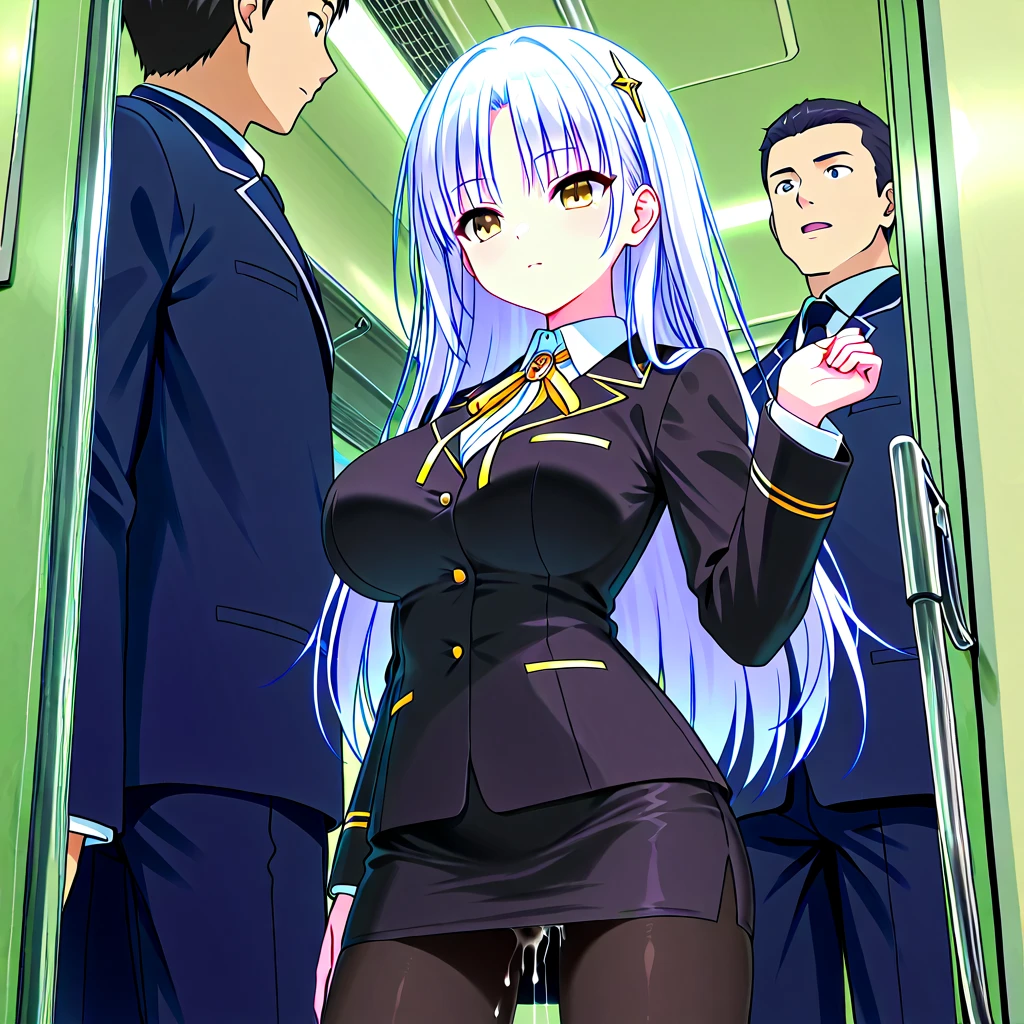 girl,uniform,No panties,vagina,Pussy,Background crowd people inside train,mass of people,Pissing, pissing, pissing, dripping pussy juice,Firing a Gatling gun at the viewer,Long twin tails,cute,belly button,