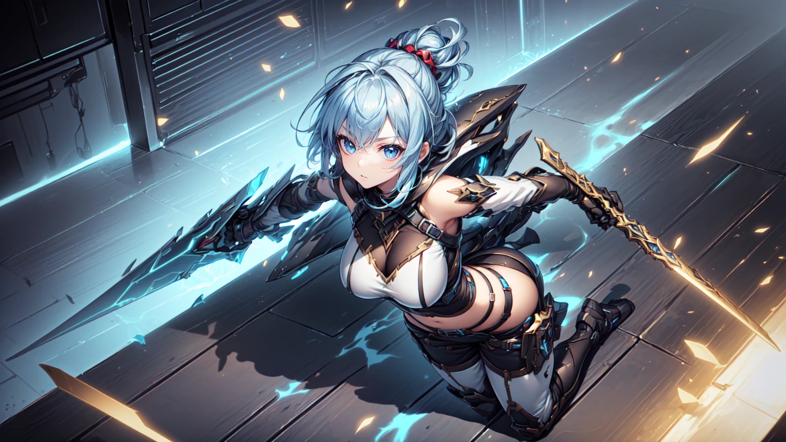 (((Best resolution, Textured skin, high quality, Precise CG unification, game CG))), (Solo), Are standing, fullbody armor, (action pose:1.3), dynamic angle, fighting, hold a holy sword, darkness,