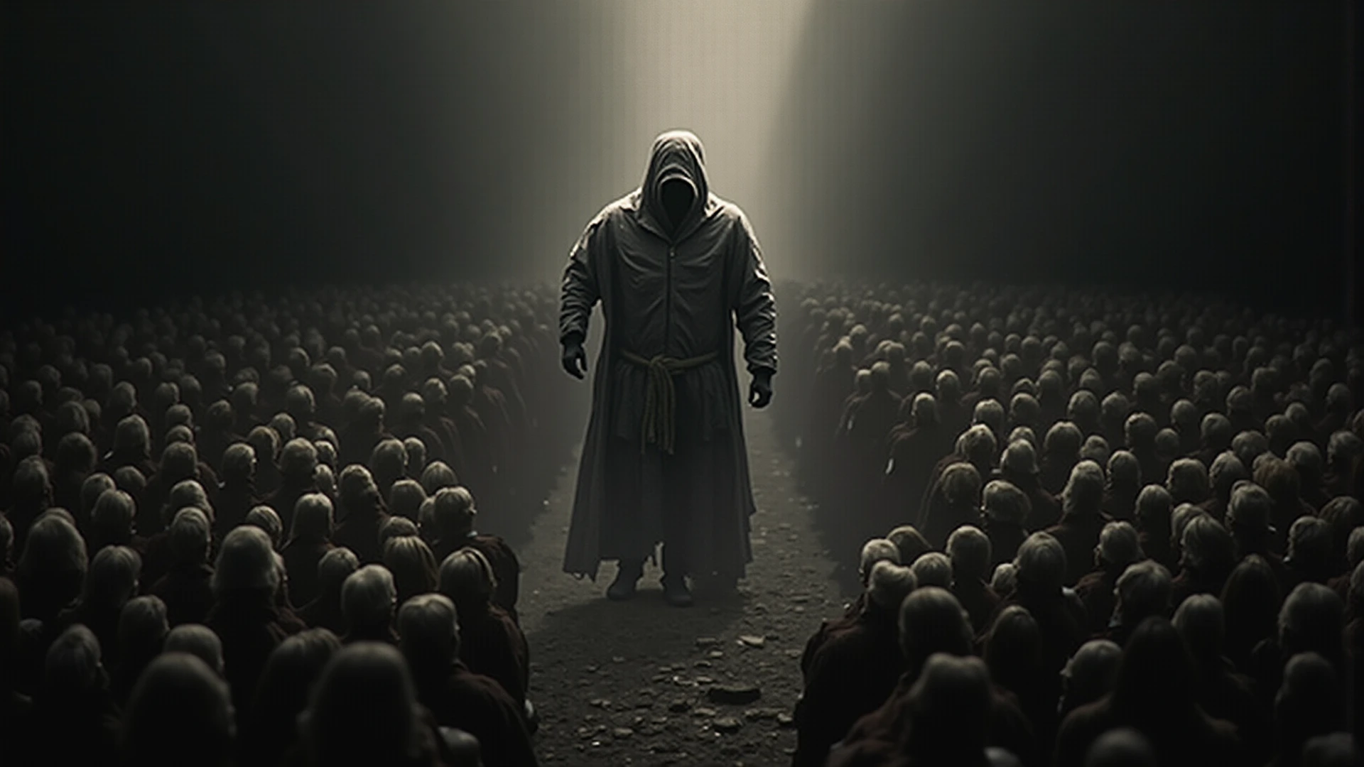 Gloomy black basement poorly lit, a guy with shackles on his hands tied by chicks, standing on his knees with his head down, darkness in the background, gloomy atmosphere, very high quality of detail, 4K resolution.