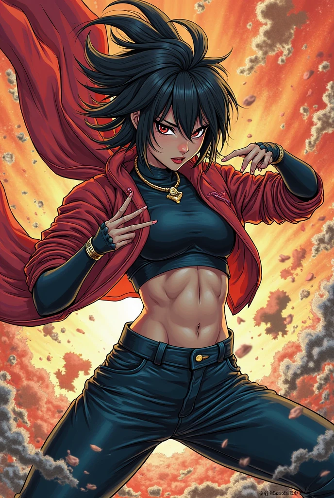 Tomboy girls, sexy, strong, wear black crop top, wear jacket, wear short black pants, smile intimidating, Anime art style, Tekken art style,