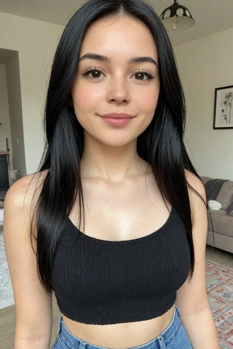 a young 18 years old brazilian woman, with pretty face, no makeup, black tied straight hair, black eyes, black pupil, no makeup, big lips