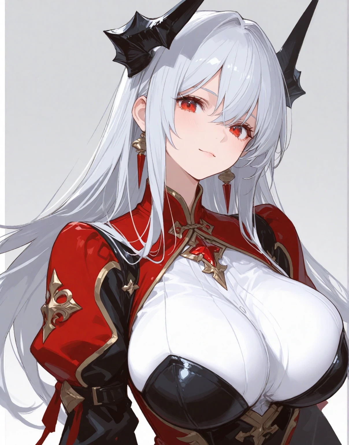 Pure white hair color,Elegant,Ruby-like deep and charming eyes,Shining a bright red like blood,Full breasts,Clothing for the Spring Festival Festival Clothing。