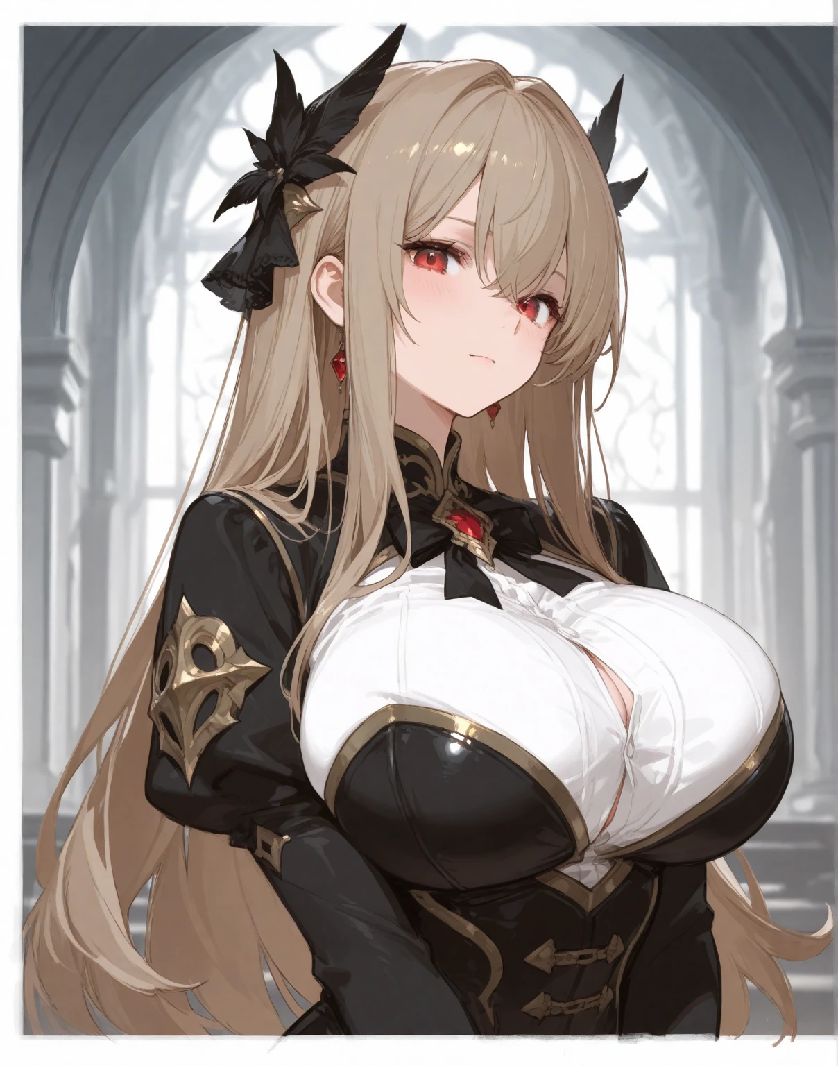 olga discordia, light brown hair, long elf ears, colored skin, brown skin, hair stick, bangs, blue eyes, solo, smiling, standing, upper body, hips, bare shoulders,purple thighhighs,white dress, gold jewelry,armor,gloves,circlet, cleavage, red and gold royal castle, gigantic breasts, (best quality, masterpiece, beautiful and aesthetic:1.2, highest detailed face, perfect face,)  eyes, perfect face,expressive eyes,
looking at viewer, in the center of the image,(Upper_body),(Focus on her face),
official art,extremely detailed CG unity 8k wallpaper, perfect lighting,Colorful, 
(masterpiece:1.0),(best_quality:1.0), ultra high res,4K,ultra-detailed
