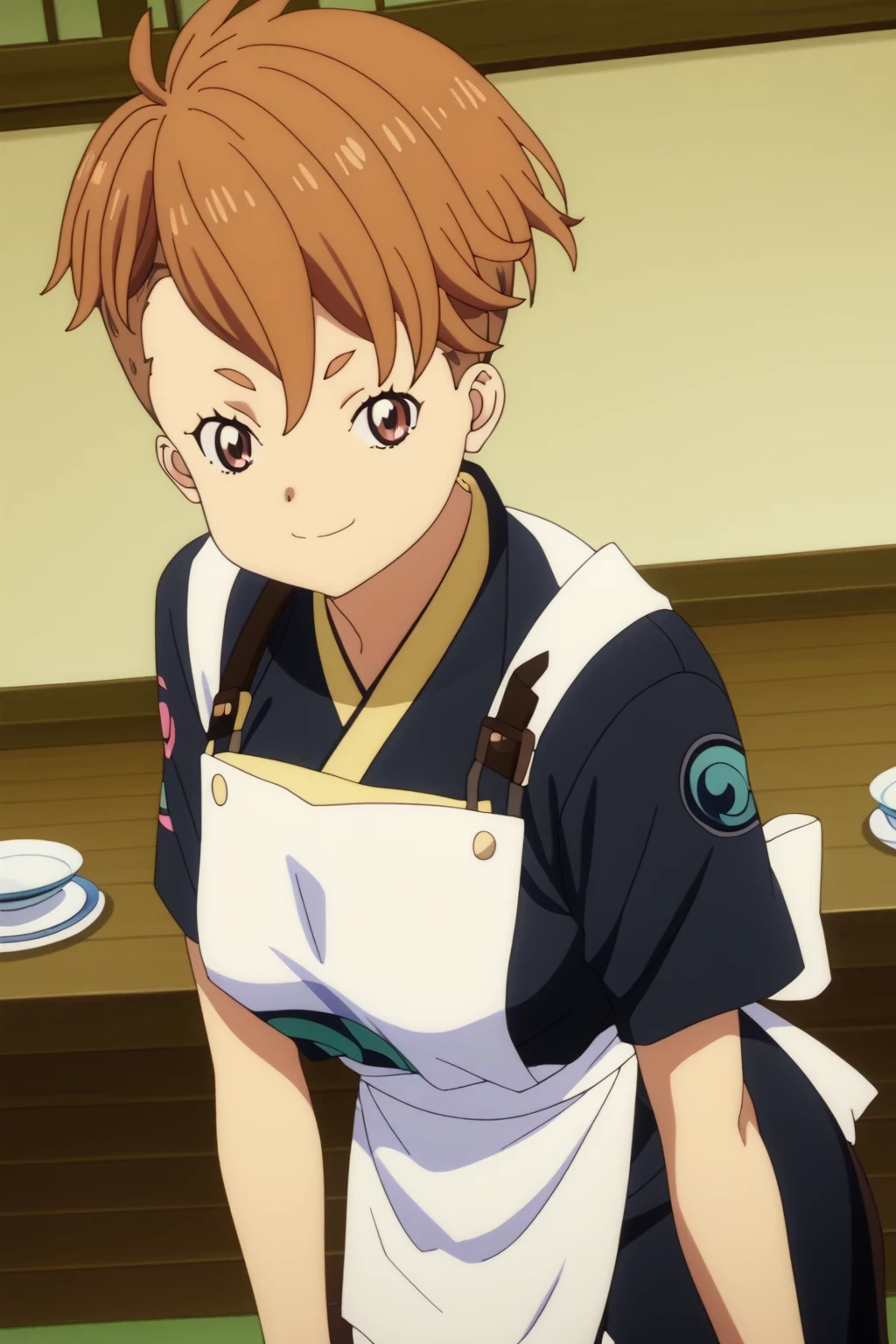 score_9,score_8_up,score_7_up,score_6_up,score_5_up,score_4_up,source_anime,(1girl:1.5), masterpiece,absurdres,highres,highest quality,Super detailed,32K,High resolution,an extremely delicate and beautiful,Official Art,Perfect Anatomy, (Contrasting colors,octane rendering,Fully painted,anime coloring,anime screencap,Cel-shaded anime,retro artstyle,1990s \(style\),90s anime,90s anime style,:1.25), perfect face,ultradeTailed eyes,beautiful,sexy,supermodel,athletic body,shiny skin,Dramatic light,(scale to fit the dimensions:1.2),((sakura otome, short hair, bangs, brown hair, brown eyes, medium breasts, japanese clothes,kimono,apron,waist apron,blue kimono,waitress,indoors,bent over,looking at viewer,cowboy shot,dutch angle,solo:1.52)),((cowboy shot:1.5)),smile,