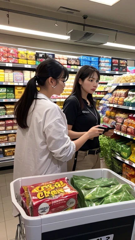 Two women in casual clothes,Pick up dish soap in the supermarket。Rich in detail,Close-up of face focus。