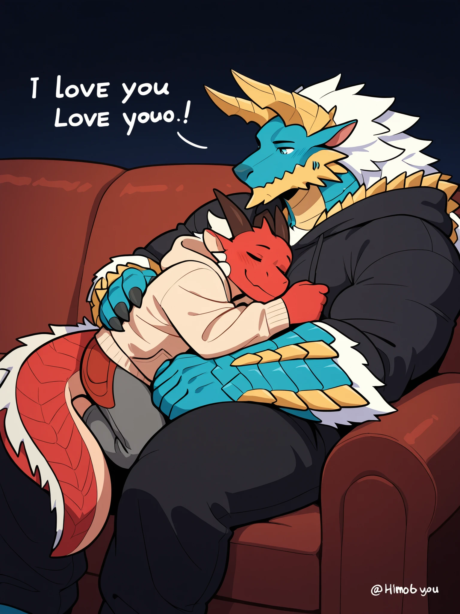 dragon furry, Zinogre, Red Dragon, muscular, dragon scales, beige chest, 2duo, cuddling, curled up next to one another, Himbo, movie night, sitting on couch, clothed with baggy hoodie, I love you, gay, same size