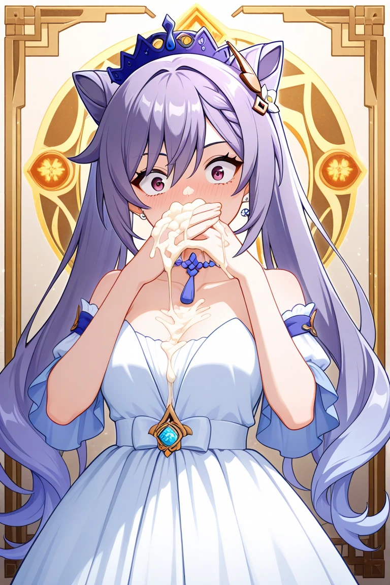 ((8k, 4k, Detailed, High quality)), furry, female, mature female, by buta99, arctic tiger, sexy body, breasts, cute face, long white hair, pink eyes, purple pupils, tiger tail, tribal wedding dress
